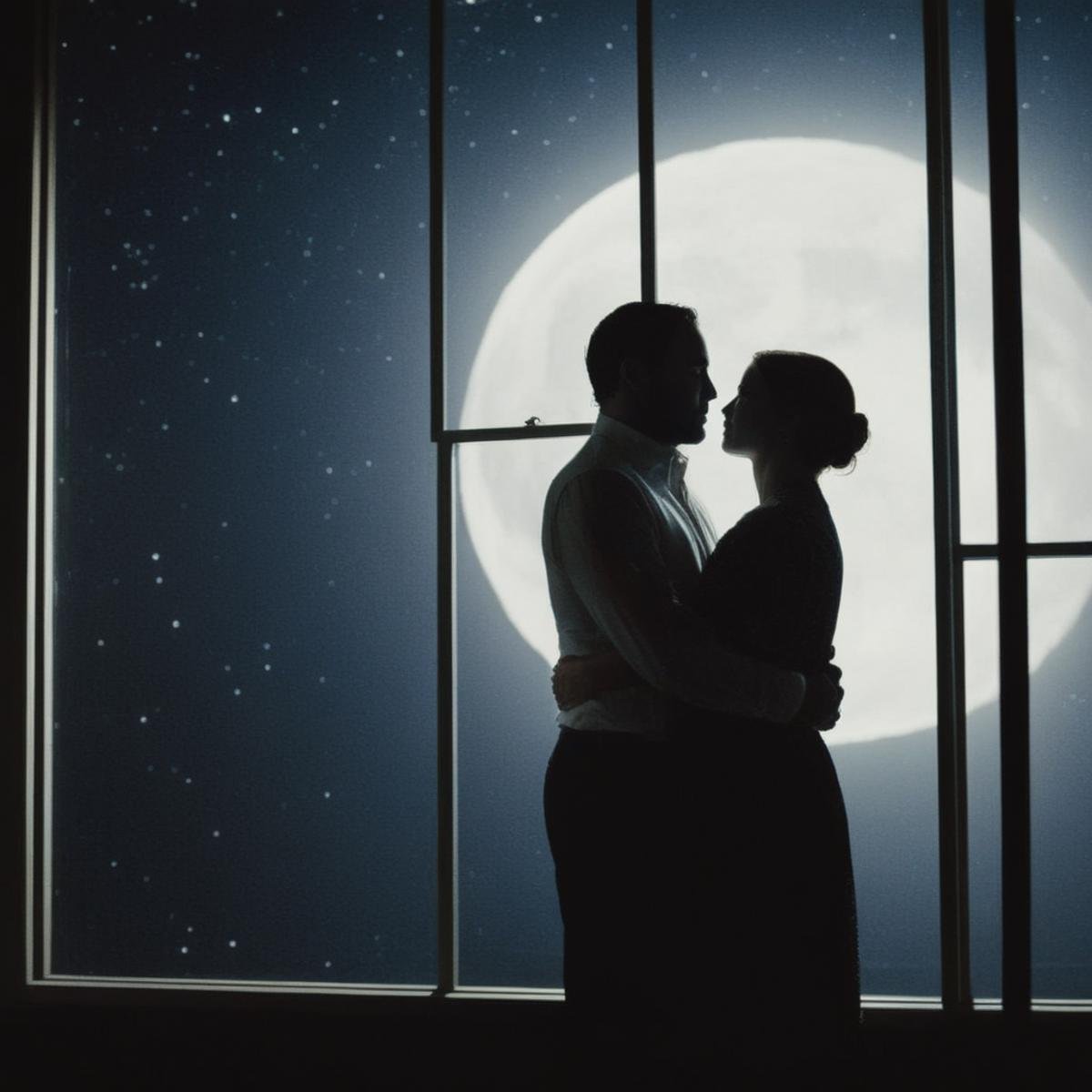 <lora:Kodak Motion Picture Film:1.2>  (Sharp Detailed Image)An Oscar winning movie for Best Cinematography a silhouette man and a woman are hugging in a dark room with moon light hitting window in front of them Kodak Motion Picture Film Style