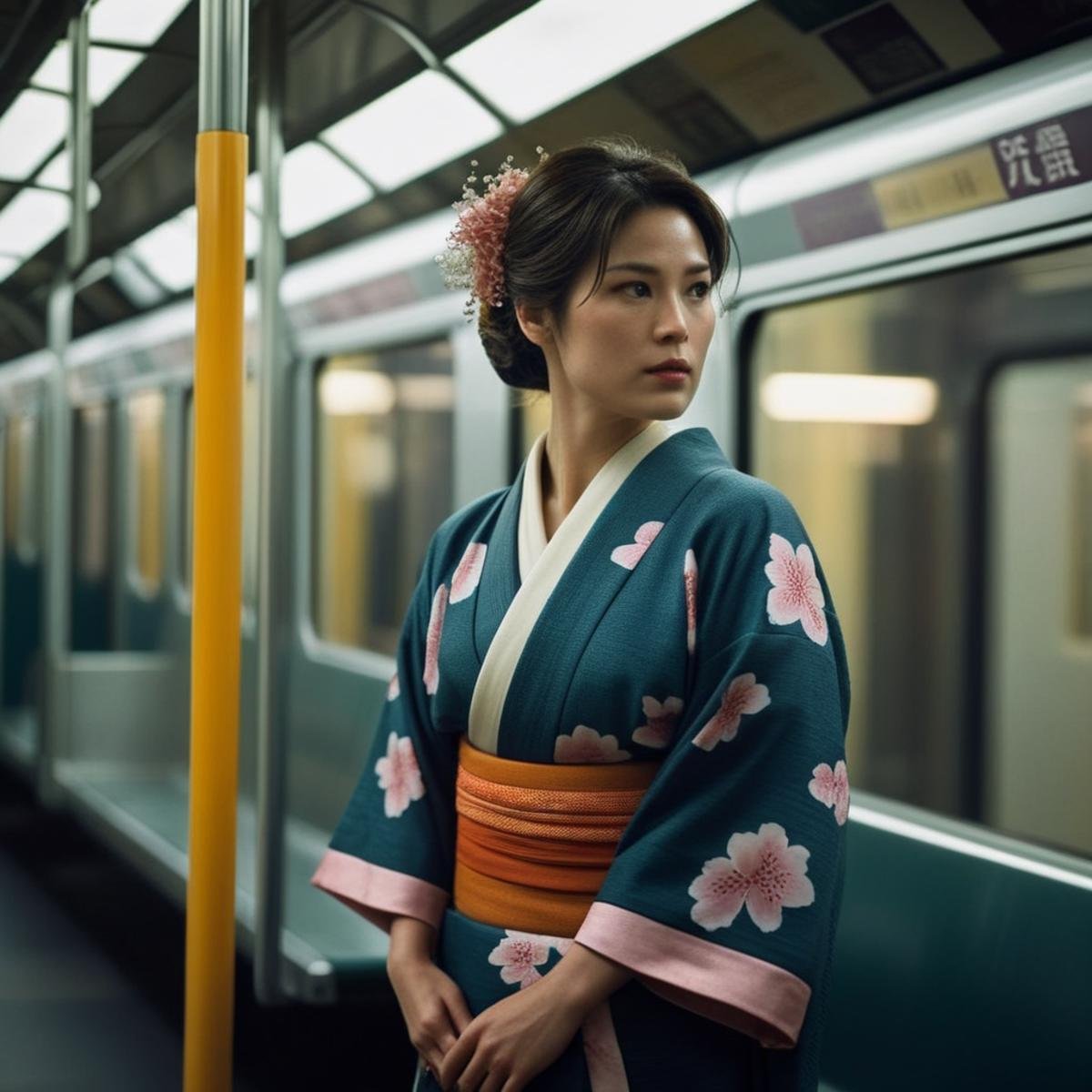 cinematic film still of  <lora:Kodak Motion Picture Film:1.2>  (Sharp Detailed Image)An Oscar winning movie for Best Cinematography a woman in a kimono standing on a subway train in Japan Kodak Motion Picture Film Style, shallow depth of field, vignette, highly detailed, high budget, bokeh, cinemascope, moody, epic, gorgeous, film grain, grainy