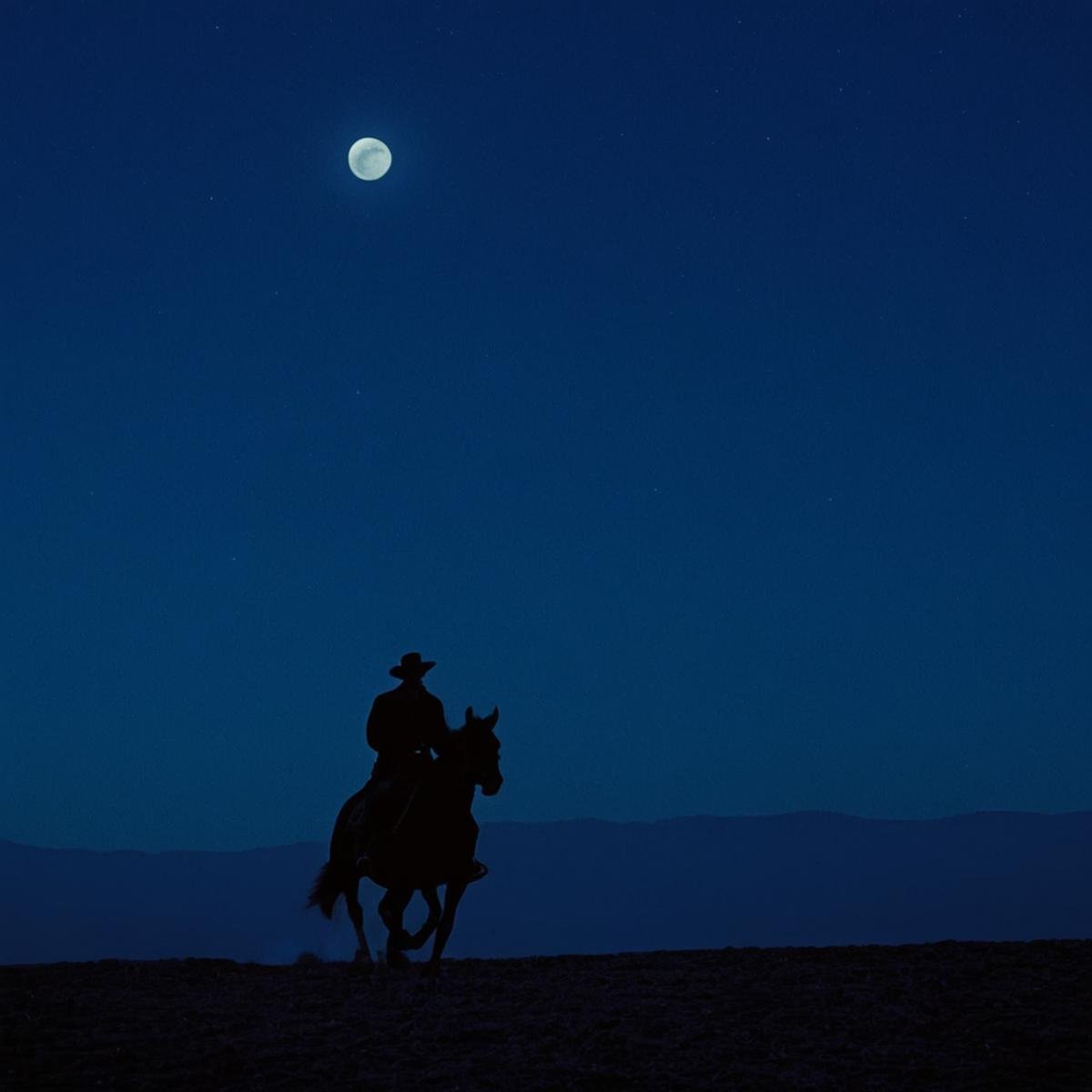 cinematic film still of  <lora:epic cinematic color style:1>In "Blue themed color", a cinematic motion picture film of a man riding a horse in front of a full moon movie themed, sharp, detailed, epic cinematic color style, artistic creative color photography style, dramatic cinematic light style, cinematic dramatic color style, Kodak color film style, cinematic color motion picture film style, 1girl, solo, monochrome, outdoors, sky, night, moon, star (sky), night sky, scenery, full moon, starry sky, running, blue theme, silhouette, wide shot, moonlight, from side, riding, shallow depth of field, vignette, highly detailed, high budget, bokeh, cinemascope, moody, epic, gorgeous, film grain, grainy