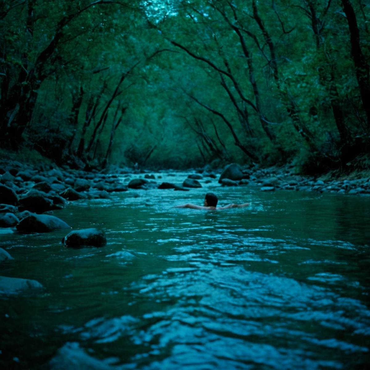 cinematic film still of  <lora:epic cinematic color style:1>In "Blue themed color", a cinematic motion picture film of a group of people swimming in a river movie themed, sharp, detailed, epic cinematic color style, artistic creative color photography style, dramatic cinematic light style, cinematic dramatic color style, Kodak color film style, cinematic color motion picture film style, outdoors, water, blurry, tree, no humans, night, nature, scenery, forest, reflection, rock, dark, shallow depth of field, vignette, highly detailed, high budget, bokeh, cinemascope, moody, epic, gorgeous, film grain, grainy