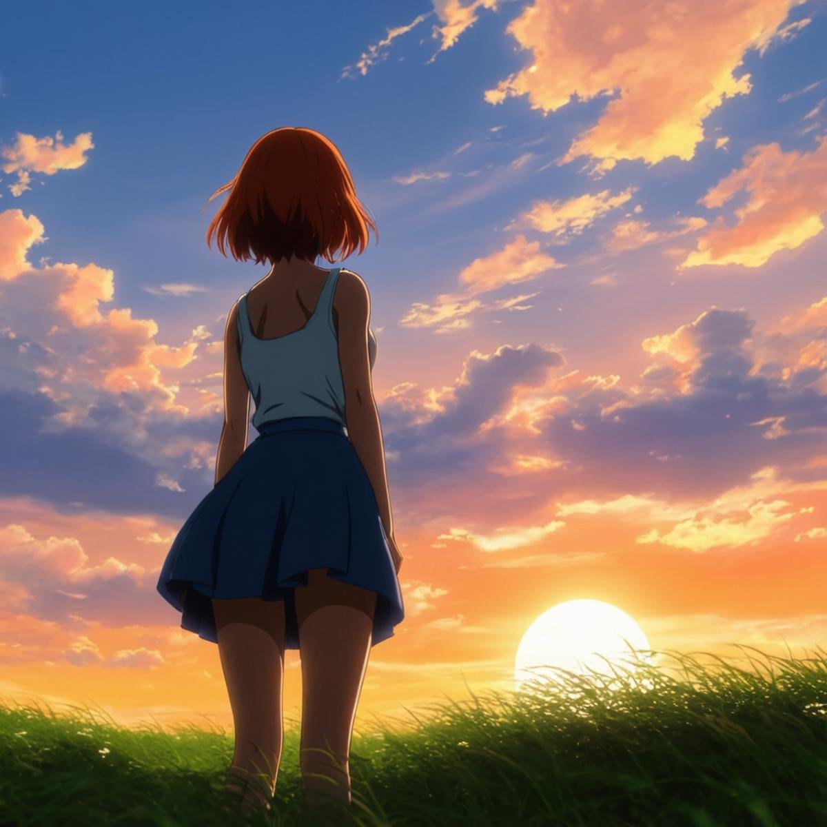 manga style art of  <lora:Original video animation style:0.8>An animated photo of a woman from behindstanding on top of a grass covered hill,1girl,solo,short hair,skirt,standing,outdoors,sky,cloud,cloudy sky,grass,wind,scenery,sunset,silhouette,twilight,orange sky , anime, animated look, animated face, animated eyes, animated legs, animated hands, animated fingers, animated toes, animated lips, animated teeth, animated eyebrows, animated body, animated background, world of animation, manga style, animation, cartoon, colorful, different color, cinematic, cartoon film, film animation, different anime characters, detailed animated background, detailed animated environment, animated, hdr animation, animated photo, 2d animation, comic book animation, detailed animation, animated graphic novel, animated movie style, ova style, animation studio style, Original video animation style, vibrant, high-energy, detailed, iconic, Japanese comic style, manga