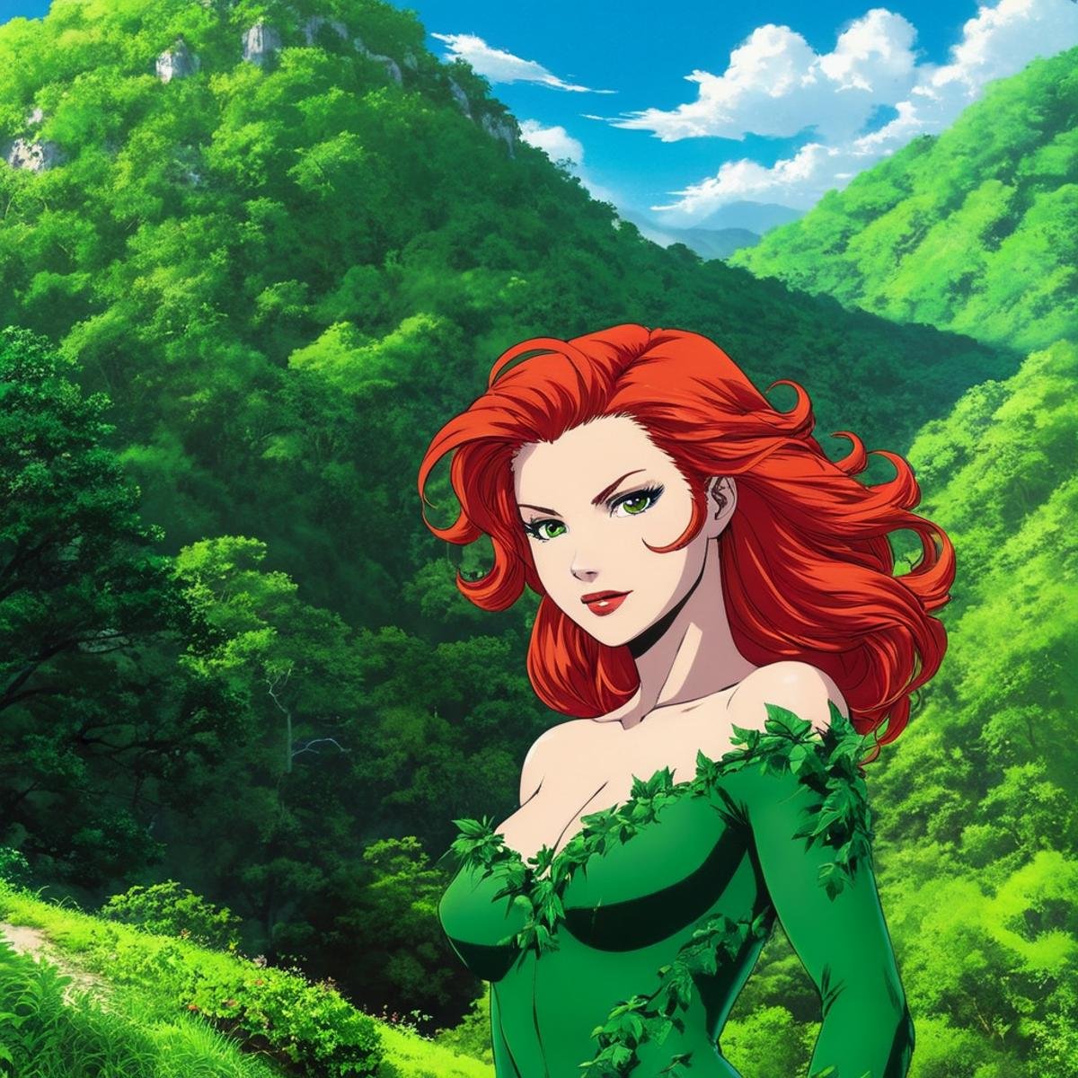 manga style art of  <lora:Original video animation style:0.8>An animated photo of a poison ivy Pamela Lillian Isley woman with a strange hair standing on a hill,1girl,solo,standing,red hair , anime, animated look, animated face, animated eyes, animated legs, animated hands, animated fingers, animated toes, animated lips, animated teeth, animated eyebrows, animated body, animated background, world of animation, manga style, animation, cartoon, colorful, different color, cinematic, cartoon film, film animation, different anime characters, detailed animated background, detailed animated environment, animated, hdr animation, animated photo, 2d animation, comic book animation, detailed animation, animated graphic novel, animated movie style, ova style, animation studio style, Original video animation style, vibrant, high-energy, detailed, iconic, Japanese comic style, manga