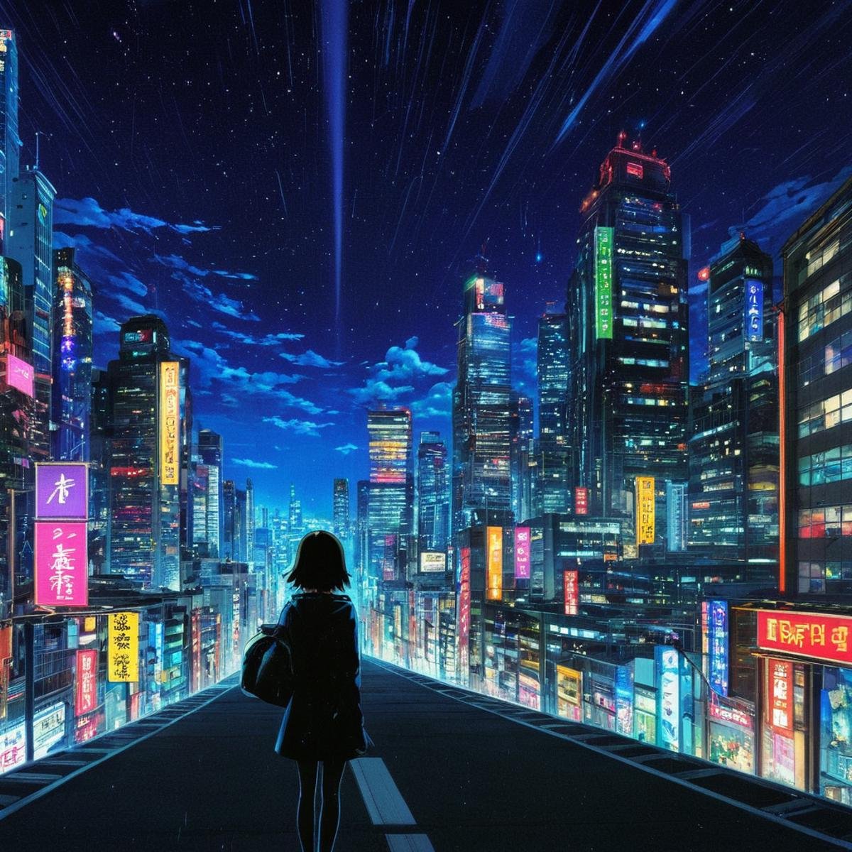 manga style art of  <lora:Original video animation style:0.8>An animated photo of a city at night with a lot of lights,outdoors,sky,no humans,night,building,scenery,city,sign,cityscape,skyscraper,city lights,neon lights , anime, animated look, animated face, animated eyes, animated legs, animated hands, animated fingers, animated toes, animated lips, animated teeth, animated eyebrows, animated body, animated background, world of animation, manga style, animation, cartoon, colorful, different color, cinematic, cartoon film, film animation, different anime characters, detailed animated background, detailed animated environment, animated, hdr animation, animated photo, 2d animation, comic book animation, detailed animation, animated graphic novel, animated movie style, ova style, animation studio style, Original video animation style, vibrant, high-energy, detailed, iconic, Japanese comic style, manga