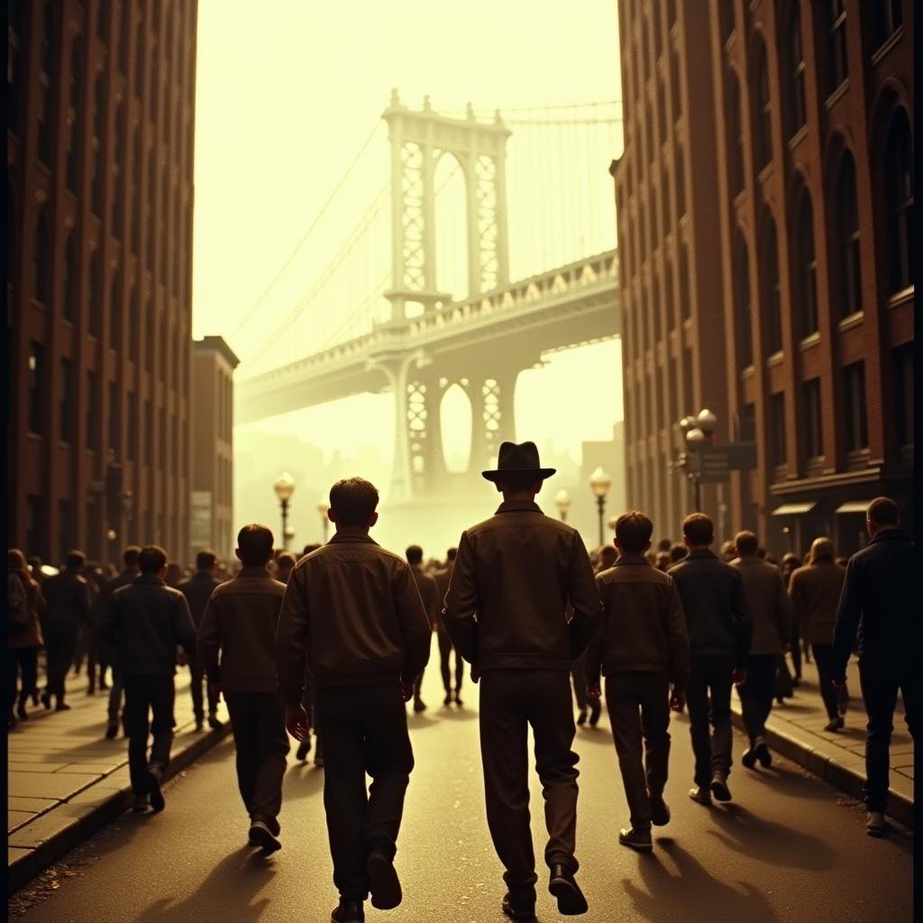 cinematic film still  <lora:cinematic dramatic color style v1:1> high contrast:1, In "Sepia themed color", a cinematic motion picture film of a group of people walking down a street with Manhattan bridge in background, movie themed, sharp, detailed, epic cinematic color style, artistic creative color photography style, dramatic cinematic light style, cinematic dramatic color style, Kodak color film style, cinematic color motion picture film style, outdoors, multiple boys, sky, building, scenery, hat, window, shadow, smoke, walking, 6+boys, city, road, multiple others, lamppost, street, fog, people, 6+others, klein moretti . shallow depth of field, vignette, highly detailed, high budget, bokeh, cinemascope, moody, epic, gorgeous, film grain, grainy