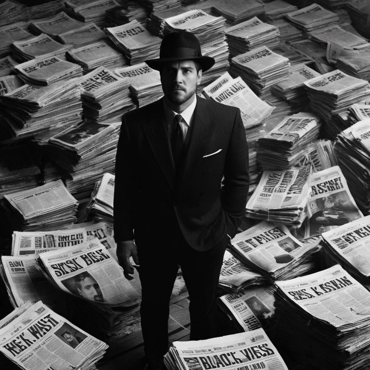 Dark Fantasy Art of  <lora:Kodak Motion Picture Film Style:1.2>An Oscar winning black and white movie for Best Cinematography a high angle shot of a man in a suit and hat standing in a pile of newspapers looking up to the camera Kodak Motion Picture Film Style, dark, moody, dark fantasy style