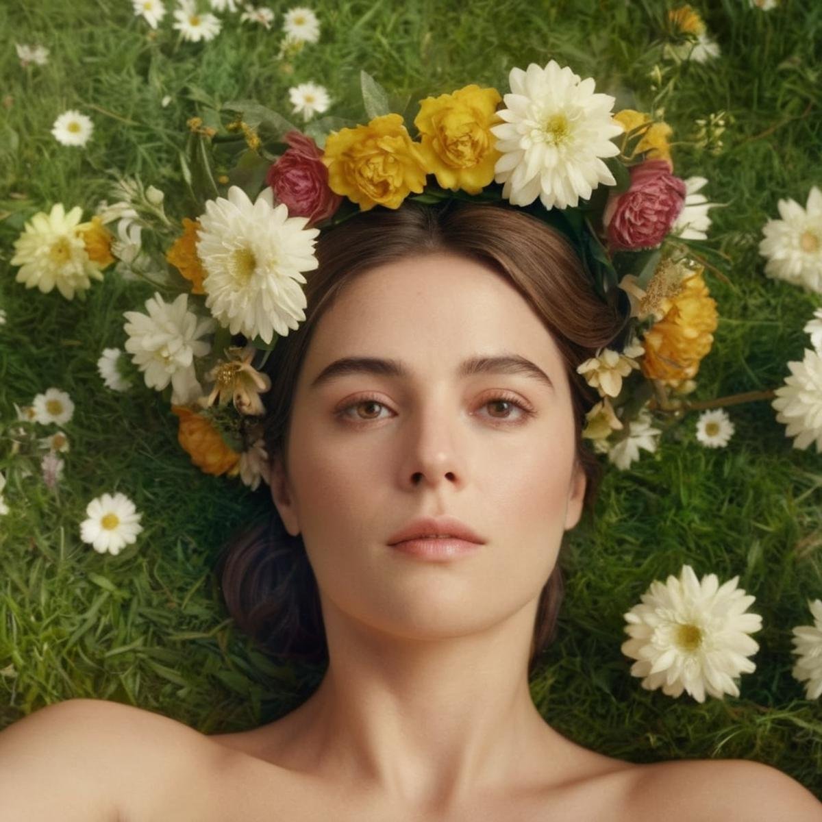 Hyperrealistic art of  <lora:Kodak Motion Picture Film Style:1.2>An Oscar winning movie for Best Cinematography a woman with a flower crown on her head lying on ground floor field garden while looking at camera from above Kodak Motion Picture Film Style, Extremely high-resolution details, photographic, realism pushed to extreme, fine texture, incredibly lifelike