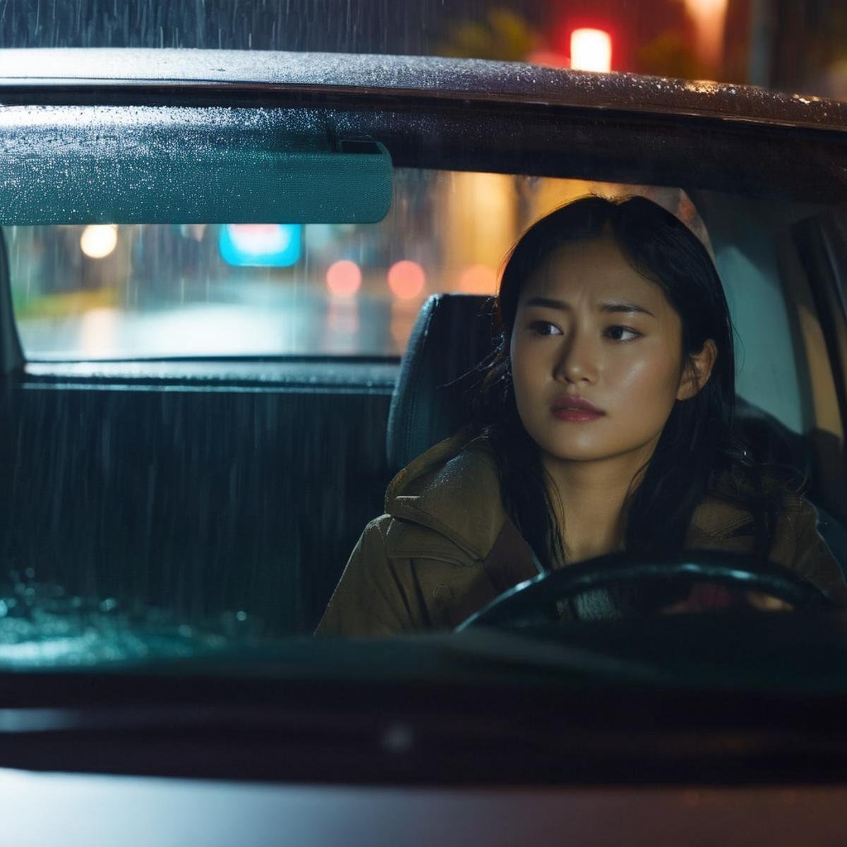 cinematic film still of  <lora:Kodak Motion Picture Film Style:1.2> redcode raw, ARRIRAW, Best Cinematography an asian young woman sleeping in backseat car window in the rain at night with street light on in background Kodak Motion Picture Film Style, shallow depth of field, vignette, highly detailed, high budget, bokeh, cinemascope, moody, epic, gorgeous, film grain, grainy