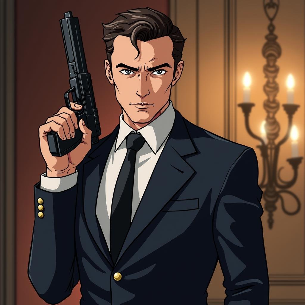 <lora:Manga and Anime cartoon style v1:1>In Manga and Anime cartoon style An animated photo of Alfred a man in a suit holding a gun, solo, looking at viewer