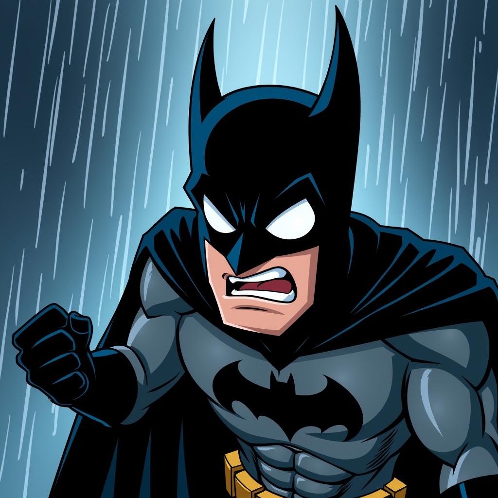 <lora:Manga and Anime cartoon style v1:1>In Manga and Anime cartoon style An animated photo of a batman is in the rain with a angry face and a fist