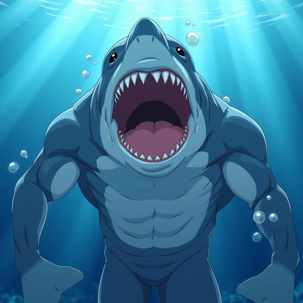 <lora:Manga and Anime cartoon style v1:1>In Manga and Anime cartoon style An animated photo of a king shark with a big mouth and a big muscular human body smiling at camera, solo, open mouth, 1boy, male focus, teeth, no humans, muscular, abs, sharp teeth, bubble, monster, underwater, air bubble, shark, anime, animated look, animated face, animated eyes, animated legs, animated hands, animated fingers, animated toes, animated lips, animated teeth, animated eyebrows, animated body, animated background, world of animation, manga style, animation, cartoon, colorful, different color, cinematic, cartoon film, film animation, different anime characters, detailed animated background, detailed animated environment, animated, hdr animation, animated photo, 2d animation, comic book animation, detailed animation, animated graphic novel, animated movie style, ova style, animation studio style, Original video animation style, full body, muscular male, furry