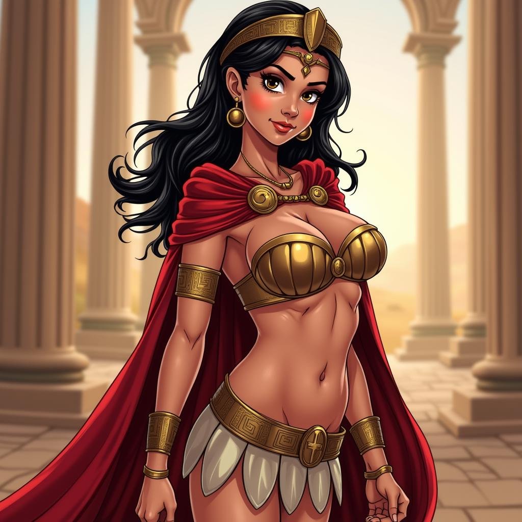 <lora:Manga and Anime cartoon style v1:1>In Manga and Anime cartoon style An animated photo of a cartoon of a roman ancient milf nude woman with a cape on