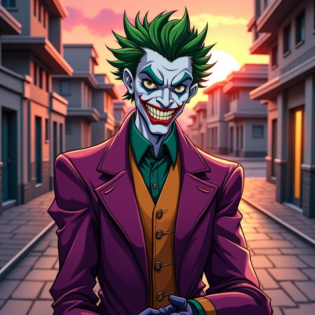 <lora:Manga and Anime cartoon style v1:1>In Manga and Anime cartoon style An animated photo of a cartoon of a joker