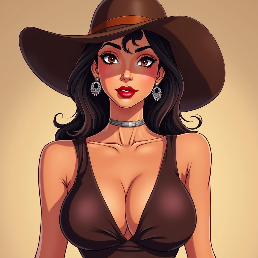 <lora:Manga and Anime cartoon style v1:1>In Manga and Anime cartoon style An animated photo of a lady dimitrescu woman with big breasts wearing a hat