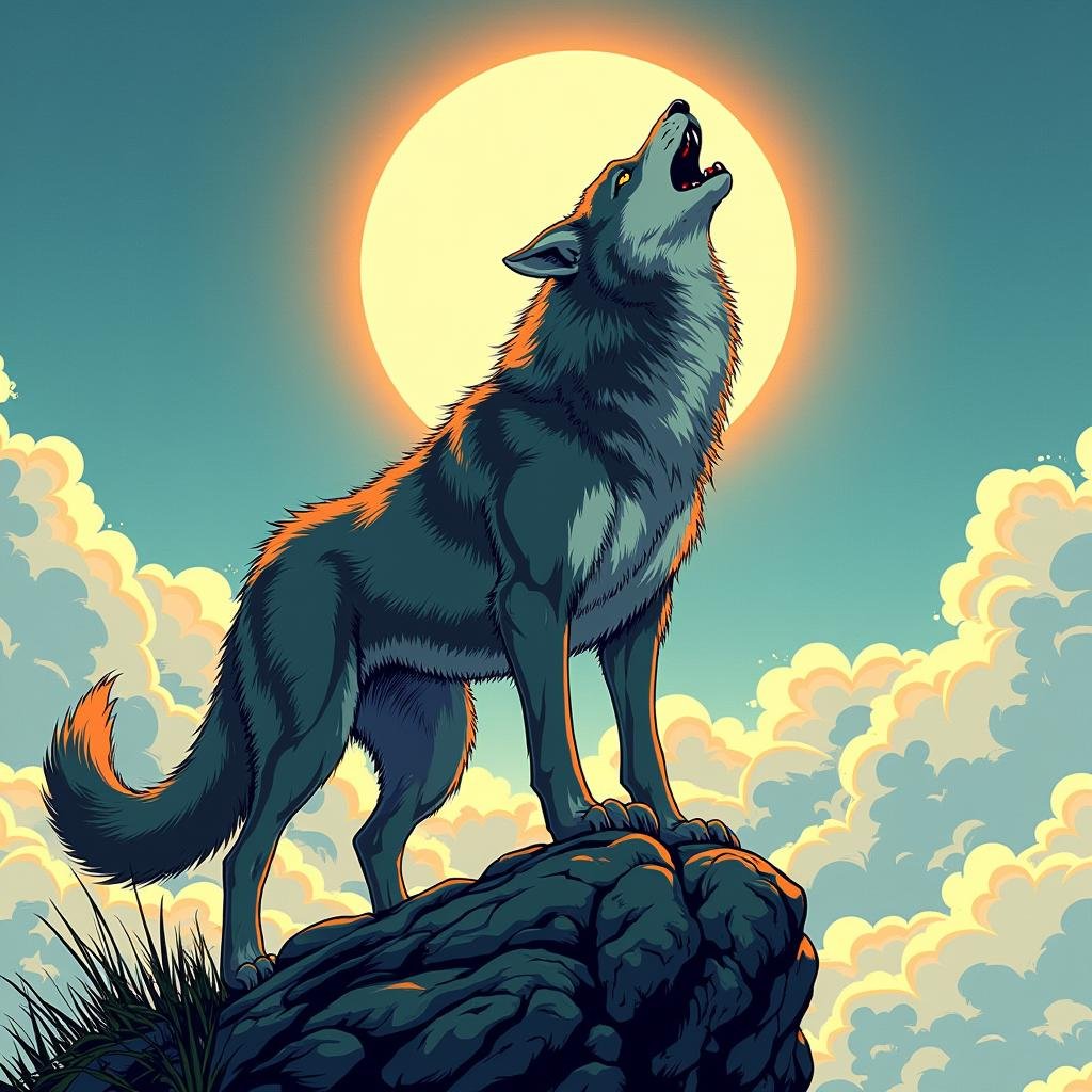 manga style art of  <lora:Manga and Anime cartoon style v1:1>In Manga and Anime cartoon style An animated photo of a werewolf is standing on a rock with a howling sound up in sky, vibrant, high-energy, detailed, iconic, Japanese comic style, manga