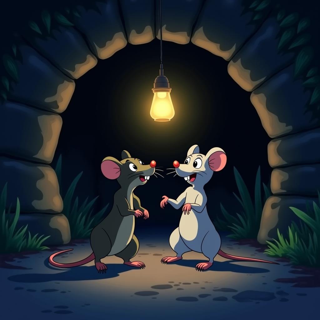 <lora:Manga and Anime cartoon style v1:1>In Manga and Anime cartoon style An animated photo of two rats are standing in a tunnel with a light, tail, no humans, night, animal, cat, scenery, mouse, anime, animated look, animated face, animated eyes, animated legs, animated hands, animated fingers, animated toes, animated lips, animated teeth, animated eyebrows, animated body, animated background, world of animation, manga style, animation, cartoon, colorful, different color, cinematic, cartoon film, film animation, different anime characters, detailed animated background, detailed animated environment, animated, hdr animation, animated photo, 2d animation, comic book animation, detailed animation, animated graphic novel, animated movie style, ova style, animation studio style, Original video animation style, indoors, lantern, lamp, animal focus, black cat