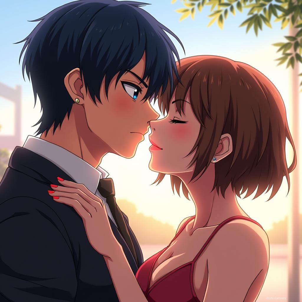 <lora:Manga and Anime cartoon style v1:1>In Manga and Anime cartoon style An animated photo of a couple of people that are kissing each other, 1girl, short hair, brown hair, black hair, 1boy, jewelry, blue hair, closed eyes, hetero, earrings, couple, kiss, anime coloring, anime, animated look, animated face, animated eyes, animated legs, animated hands, animated fingers, animated toes, animated lips, animated teeth, animated eyebrows, animated body, animated background, world of animation, manga style, animation, cartoon, colorful, different color, cinematic, cartoon film, film animation, different anime characters, detailed animated background, detailed animated environment, animated, hdr animation, animated photo, 2d animation, comic book animation, detailed animation, animated graphic novel, animated movie style, ova style, animation studio style, Original video animation style, cu chulainn (fate), cu chulainn (fate/stay night)