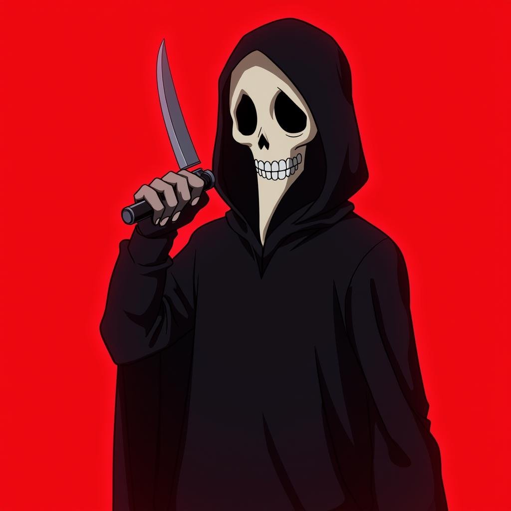 <lora:Manga and Anime cartoon style v1:1>In Manga and Anime cartoon style An animated photo of a cartoon ghost face character with a knife in his hand, solo, simple background, 1boy, weapon, hood, knife, red background, hood up, black cloak, anime, animated look, animated face, animated eyes, animated legs, animated hands, animated fingers, animated toes, animated lips, animated teeth, animated eyebrows, animated body, animated background, world of animation, manga style, animation, cartoon, colorful, different color, cinematic, cartoon film, film animation, different anime characters, detailed animated background, detailed animated environment, animated, hdr animation, animated photo, 2d animation, comic book animation, detailed animation, animated graphic novel, animated movie style, ova style, animation studio style, Original video animation style, looking at viewer, open mouth, holding, upper body, male focus, holding weapon, skull, holding knife, skull mask, blending