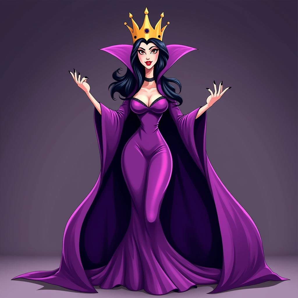 <lora:Manga and Anime cartoon style v1:1>In Manga and Anime cartoon style An animated photo of a cartoon of a evil queen woman dressed in a purple gown