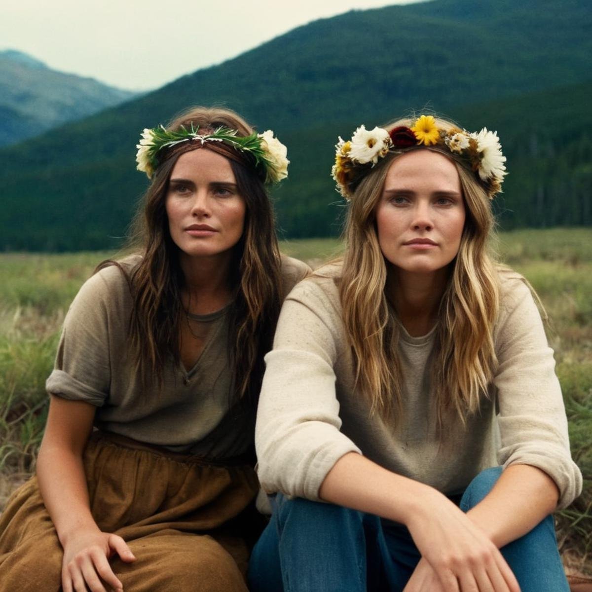 Dystopian style,  <lora:Kodak Motion Picture Film Style3:1> Cinematic, Grainy:1, Detailed, Sharp Image, ofAn Oscar winning movie for Best Cinematography two women wearing flower crowns sitting next to each other smiling and staring to the camera at day light Kodak Motion Picture Film Style, Bleak, post-apocalyptic, somber, dramatic, highly detailed