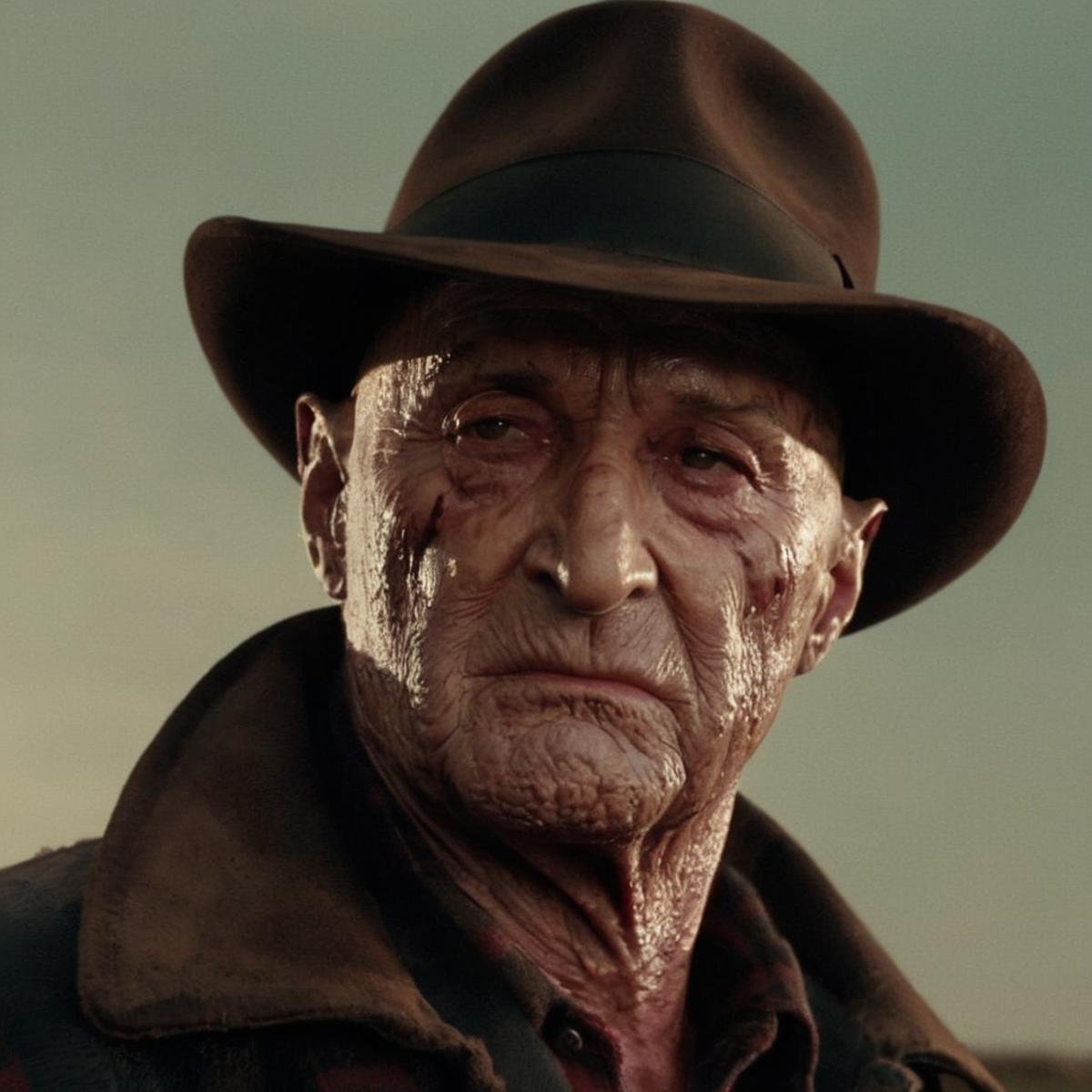 Dystopian style, <lora:Kodak Motion Picture Film Style3:1> Cinematic, Grainy:1, Detailed, Sharp Image, ofAn Oscar winning movie for Best Cinematography a closeup of freddy krueger a man with a hat and a jacket staring at someone Kodak Motion Picture Film Style, Bleak, post-apocalyptic, somber, dramatic, highly detailed