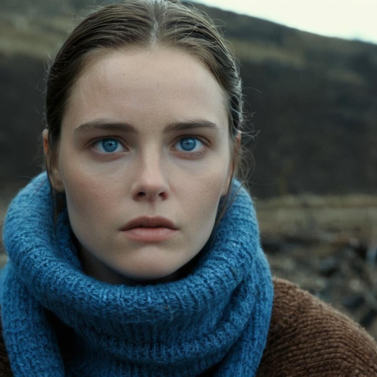 Dystopian style,  <lora:Kodak Motion Picture Film Style3:1> Cinematic, Grainy:1, Detailed, Sharp Image, ofAn Oscar winning movie for Best Cinematography a woman with blue eyes and a brown sweater staring at camera Kodak Motion Picture Film Style, Bleak, post-apocalyptic, somber, dramatic, highly detailed