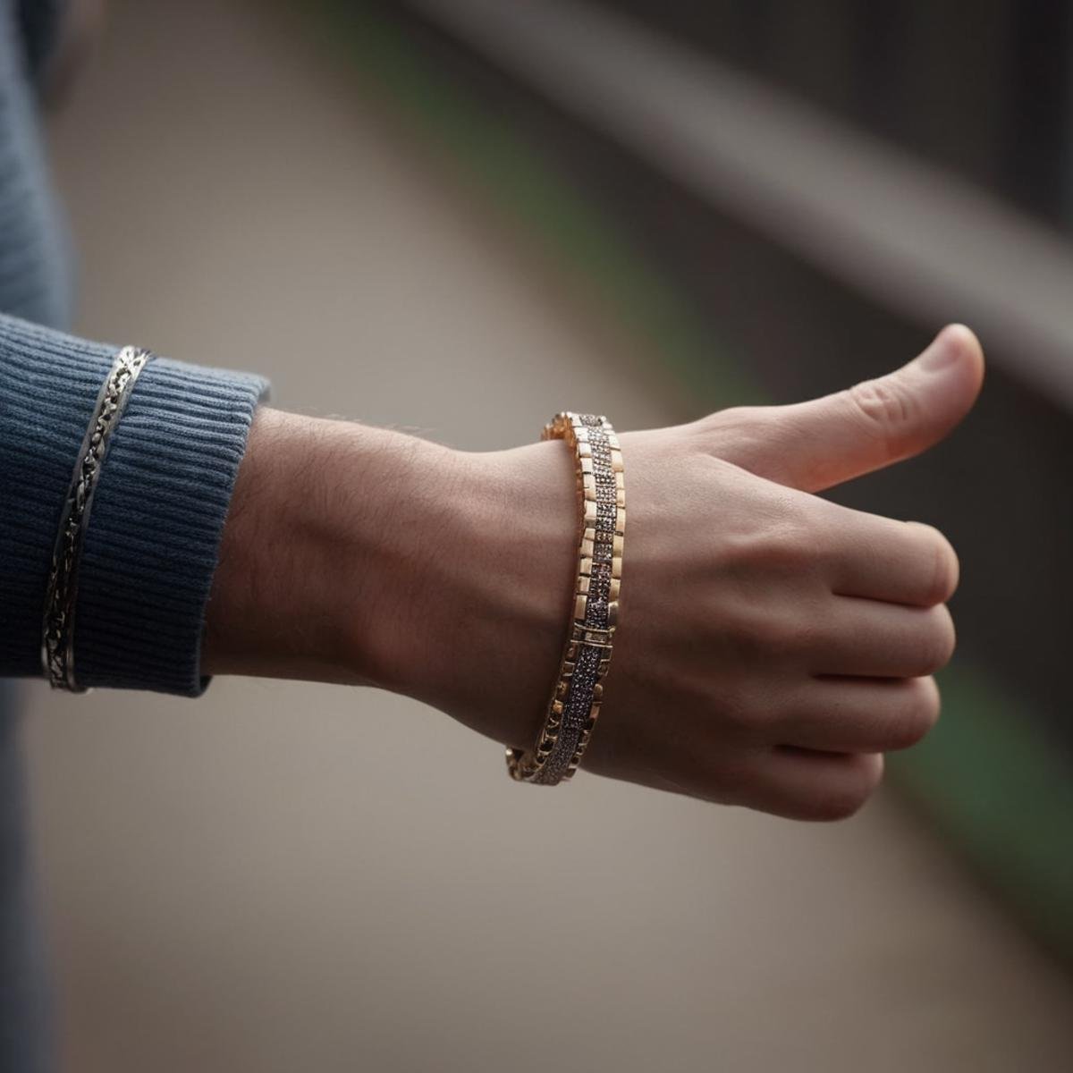 cinematic film still of <lora:perfect hands 2:1>a person's detailed hand with a bracelet and a thumb up Perfect Hand, shallow depth of field, vignette, highly detailed, high budget, bokeh, cinemascope, moody, epic, gorgeous, film grain, grainy