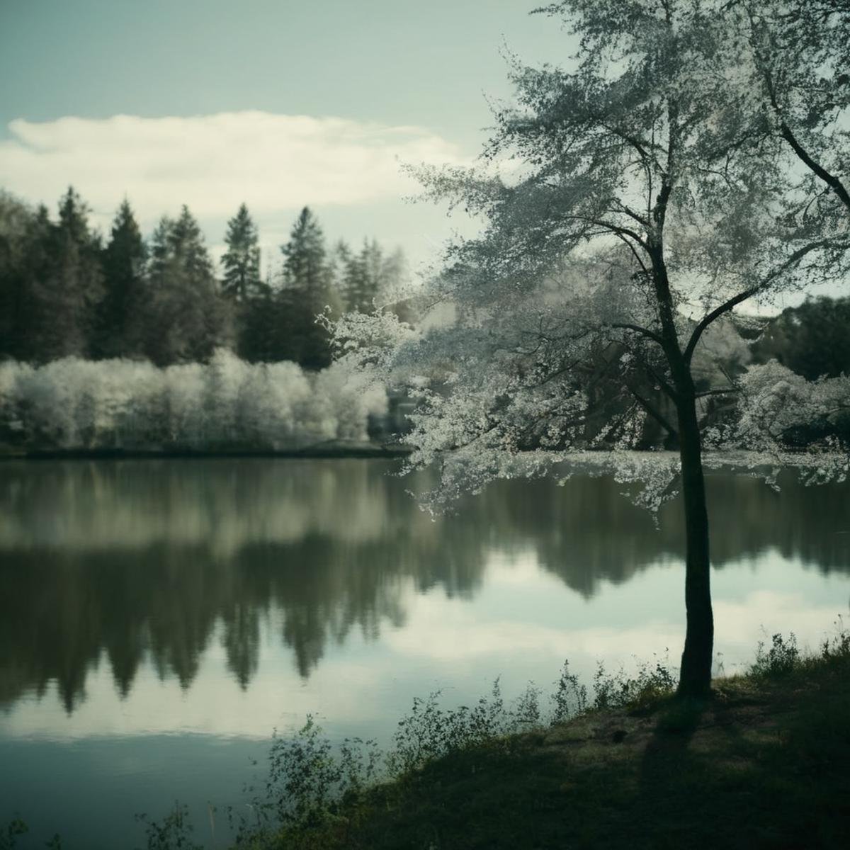 cinematic film still of  <lora:Kodak Motion Picture Film Style v4:1>kodak vision3 500t landscape Best Cinematic infrared Picture of a lake with trees and bushes in the background Kodak Motion Picture Film Style, shallow depth of field, vignette, highly detailed, high budget, bokeh, cinemascope, moody, epic, gorgeous, film grain, grainy