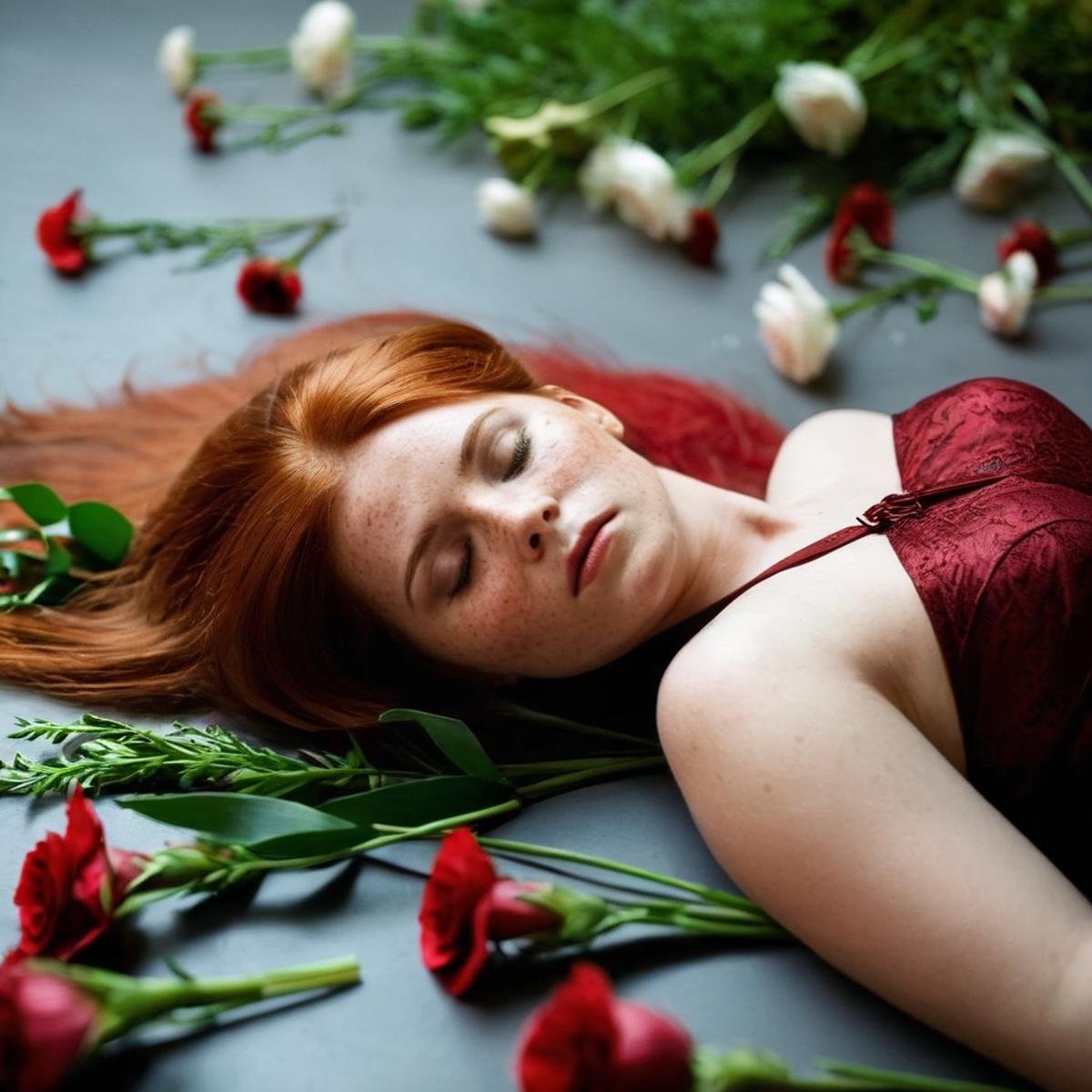 cinematic film still of  <lora:Kodak Motion Picture Film Style v4:1>An Oscar winning movie for Best high angle from above Cinematography a closeup of a red hair woman with freckles on her face and a bunch of flowers in her hair laying down on ground floor while looking at camera Kodak Motion Picture Film Style, shallow depth of field, vignette, highly detailed, high budget, bokeh, cinemascope, moody, epic, gorgeous, film grain, grainy