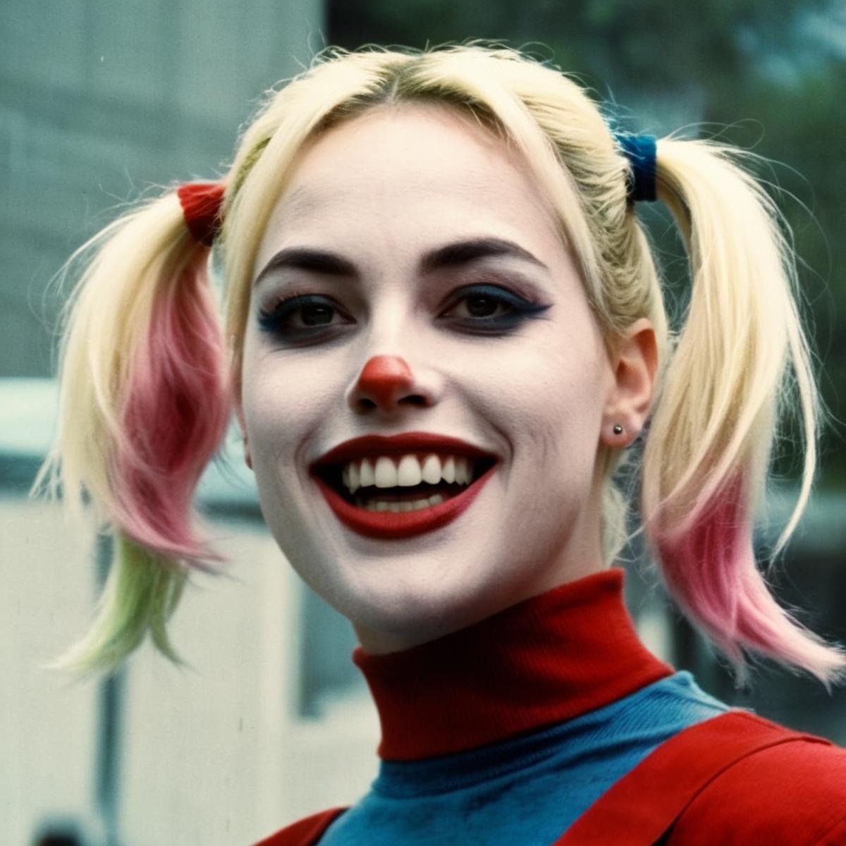 analog film photo of  <lora:Kodak Motion Picture Film Style v4:1>Best Cinematic horror Picture of harley quinn a crazy looking woman with a pigtail blonde hair and a harley quinn makeup laughing crazy at camera Kodak Motion Picture Film Style, faded film, desaturated, 35mm photo, grainy, vignette, vintage, Kodachrome, Lomography, stained, highly detailed, found footage