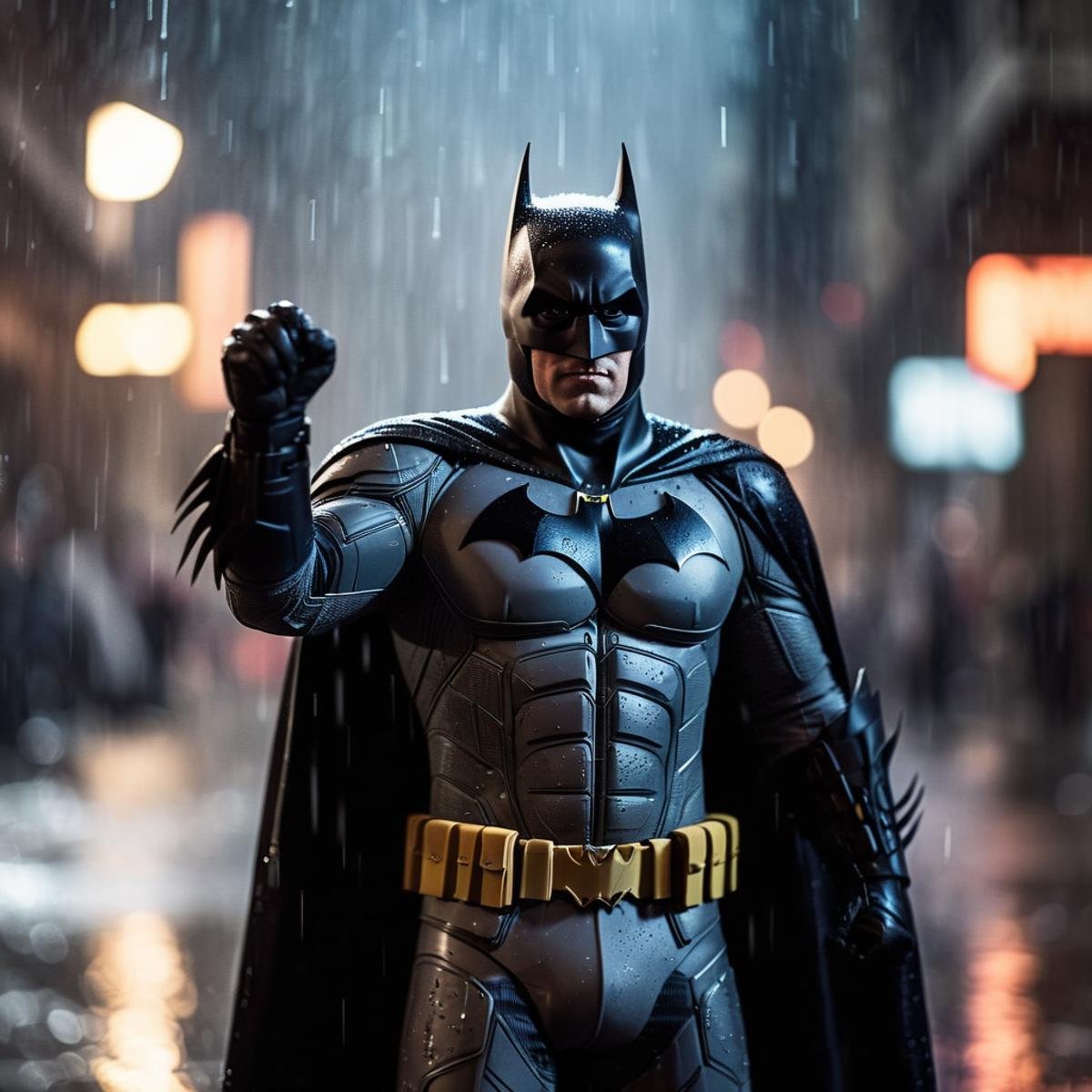 cinematic film still of <lora:Perfect Hands:1.2>a batman is in the rain with a bat Perfect Hands, shallow depth of field, vignette, highly detailed, high budget, bokeh, cinemascope, moody, epic, gorgeous, film grain, grainy