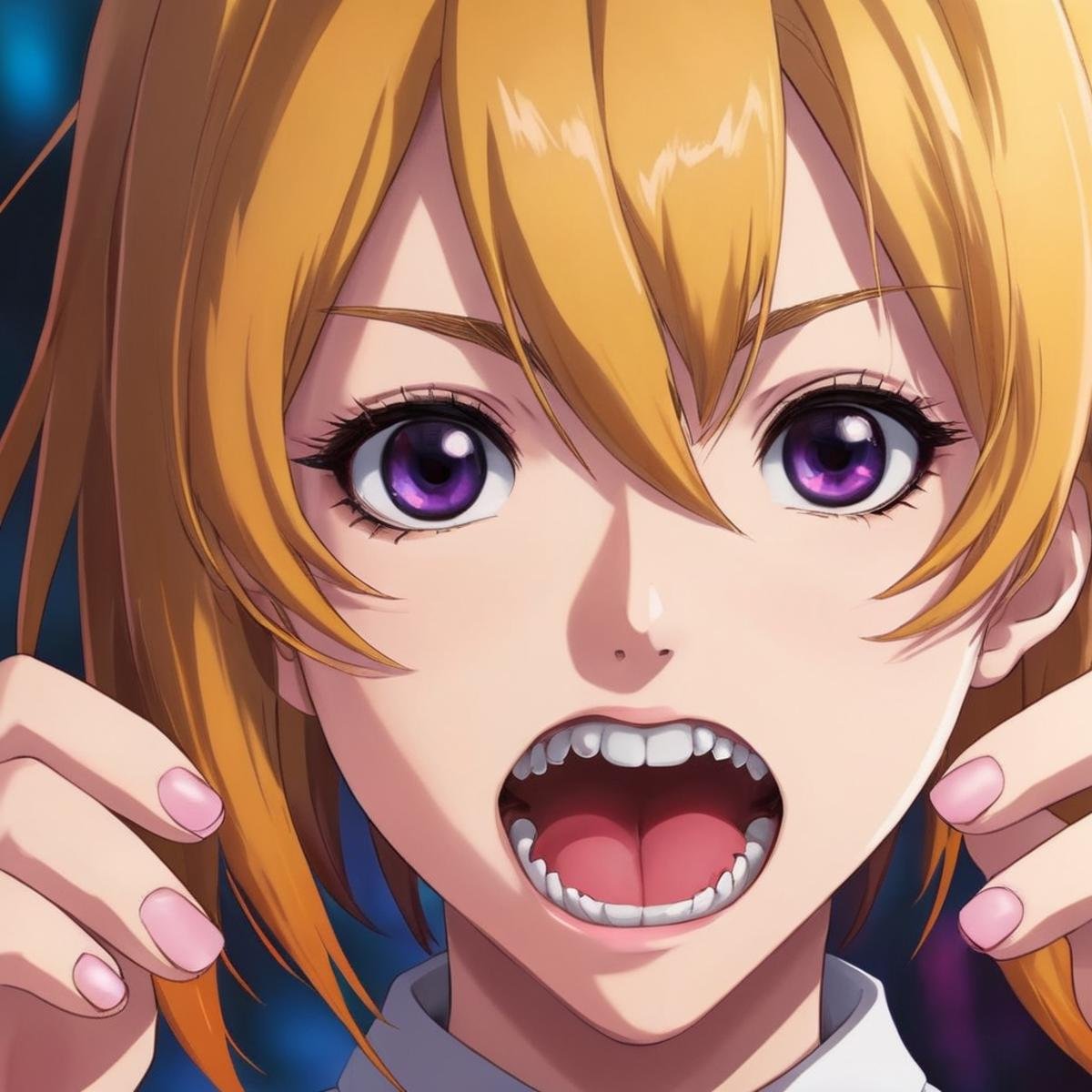 anime artwork of <lora:Perfect Hands:1.5>a cartoon girl with a scary look in her mouth Perfect Hands, anime style, key visual, vibrant, studio anime,  highly detailed