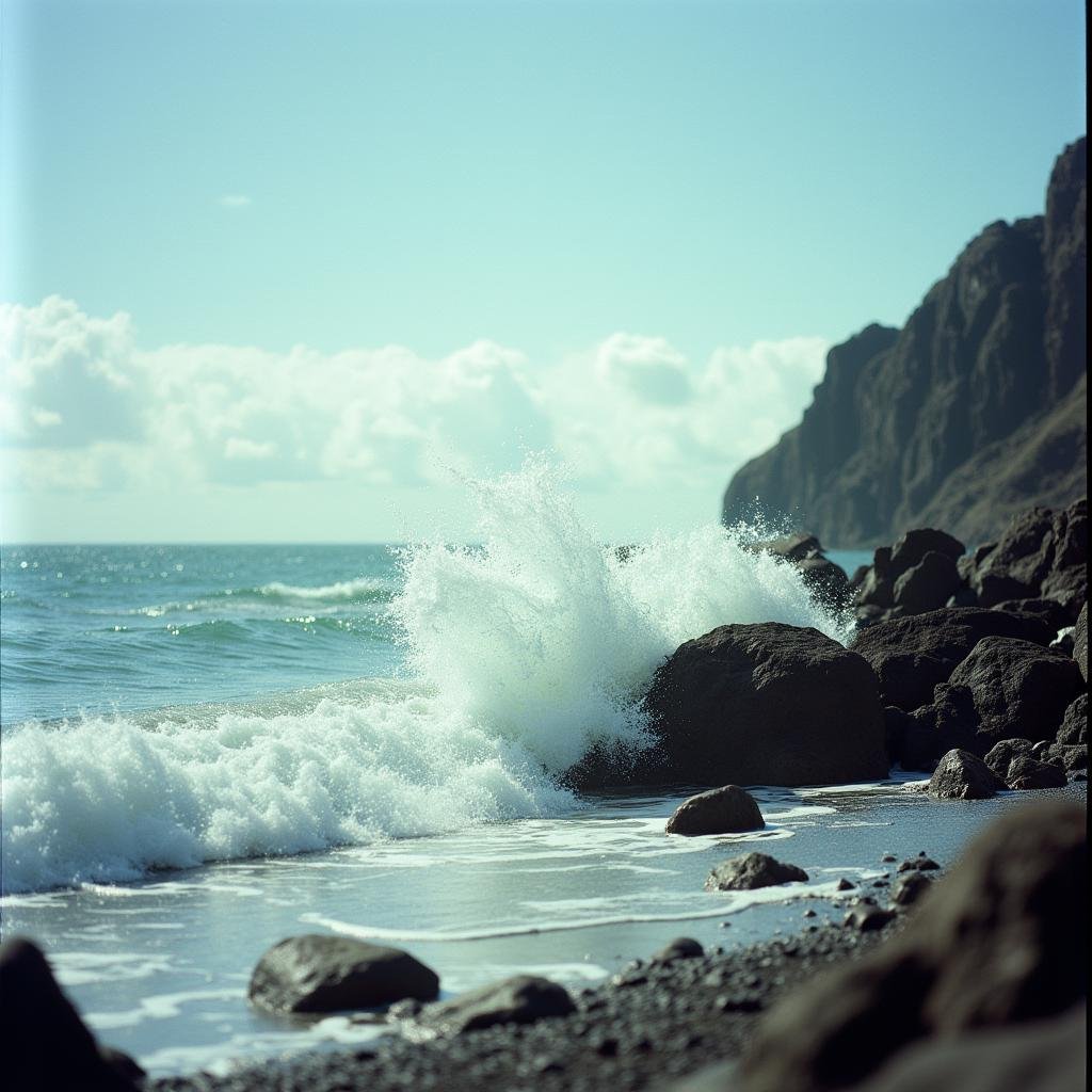 cinematic film still  <lora:Kodak Motion Picture Film style v1:1>Film grain still image of a rocky beach with a wave crashing against the rocks,outdoors,sky,day,cloud,water,blue sky,no humans,ocean,traditional media,scenery,rock,waves,waterfall,cliff , cinematic look, film look, filmic, contrast, detailed, high quality, sharp image, film color, Kodak Motion Picture Film style, different color, different people, different look, different style, 35MM Film, 16MM Film, Photographic film, music video style, artistic style, cinematic style, film granularity, film noise, image noise, artistic effect, Fujicolor, Fuji film, Analog photography, movie style, movie still, Film grain overlay, Film Grain style . shallow depth of field, vignette, highly detailed, high budget, bokeh, cinemascope, moody, epic, gorgeous, film grain, grainy