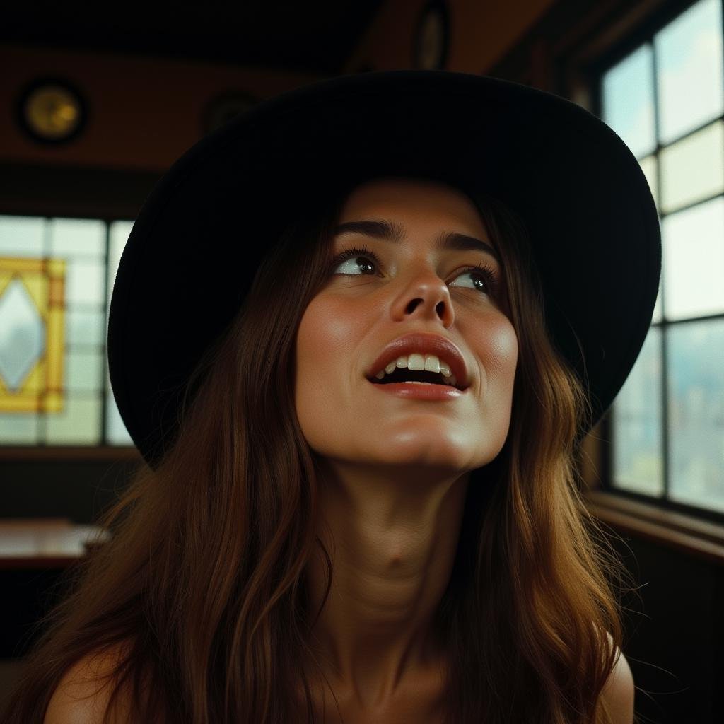 <lora:Kodak Motion Picture Film style v1:1>Film grain still image of a woman with long hair and a hat in a room,1girl,solo,long hair,open mouth,brown hair,hat,upper body,teeth,indoors,from below,looking up,stained glass , cinematic look, film look, filmic, contrast, detailed, high quality, sharp image, film color, Kodak Motion Picture Film style, different color, different people, different look, different style, 35MM Film, 16MM Film, Photographic film, music video style, artistic style, cinematic style, film granularity, film noise, image noise, artistic effect, Fujicolor, Fuji film, Analog photography, movie style, movie still, Film grain overlay, Film Grain style