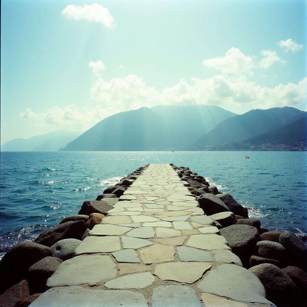 <lora:Kodak Motion Picture Film style v1:1>Film grain still image of a stone walkway leading to a mountain range,outdoors,sky,day,water,no humans,ocean,scenery,mountain,watercraft,boat , cinematic look, film look, filmic, contrast, detailed, high quality, sharp image, film color, Kodak Motion Picture Film style, different color, different people, different look, different style, 35MM Film, 16MM Film, Photographic film, music video style, artistic style, cinematic style, film granularity, film noise, image noise, artistic effect, Fujicolor, Fuji film, Analog photography, movie style, movie still, Film grain overlay, Film Grain style