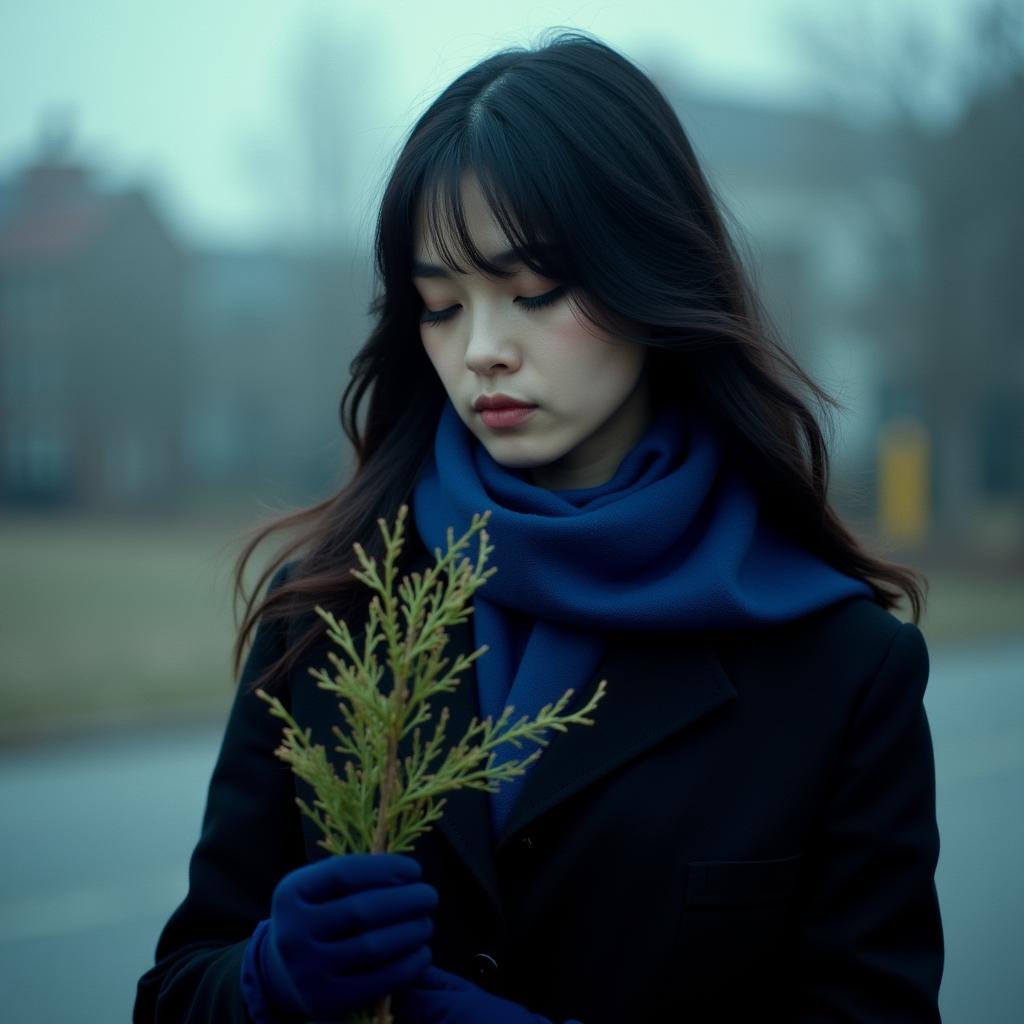 cinematic film still  <lora:Kodak Motion Picture Film style v1:1>Film grain still image of a woman in a black coat and a blue scarf holding a plant,1girl,solo,long hair,black hair,gloves,closed eyes,outdoors,scarf,blurry,coat,realistic,mittens , cinematic look, film look, filmic, contrast, detailed, high quality, sharp image, film color, Kodak Motion Picture Film style, different color, different people, different look, different style, 35MM Film, 16MM Film, Photographic film, music video style, artistic style, cinematic style, film granularity, film noise, image noise, artistic effect, Fujicolor, Fuji film, Analog photography, movie style, movie still, Film grain overlay, Film Grain style . shallow depth of field, vignette, highly detailed, high budget, bokeh, cinemascope, moody, epic, gorgeous, film grain, grainy