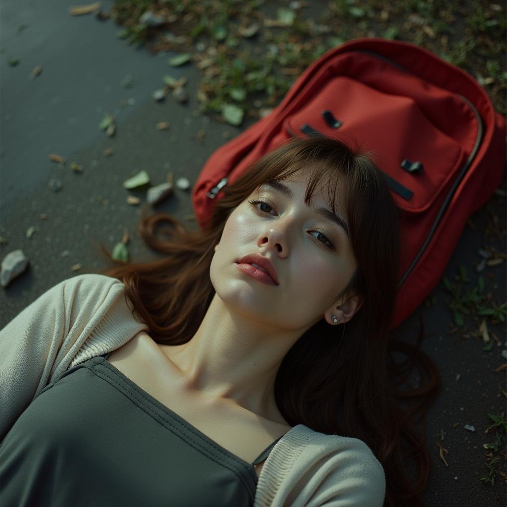 cinematic film still  <lora:Kodak Motion Picture Film style v1:1>Film grain still image of a woman laying on the ground with a red backpack,1girl,solo,looking at viewer,brown hair,brown eyes,lying,parted lips,on back,lips,portrait,realistic , cinematic look, film look, filmic, contrast, detailed, high quality, sharp image, film color, Kodak Motion Picture Film style, different color, different people, different look, different style, 35MM Film, 16MM Film, Photographic film, music video style, artistic style, cinematic style, film granularity, film noise, image noise, artistic effect, Fujicolor, Fuji film, Analog photography, movie style, movie still, Film grain overlay, Film Grain style . shallow depth of field, vignette, highly detailed, high budget, bokeh, cinemascope, moody, epic, gorgeous, film grain, grainy