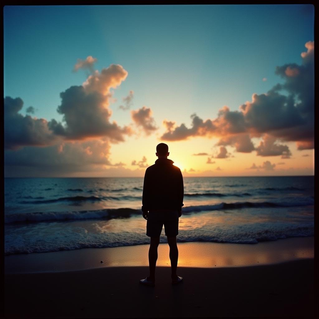 <lora:Kodak Motion Picture Film style v1:1>Film grain still image of a man standing on a beach at sunset,1boy,male focus,outdoors,sky,cloud,water,from behind,night,ocean,cloudy sky,scenery,sunset,horizon,dark , cinematic look, film look, filmic, contrast, detailed, high quality, sharp image, film color, Kodak Motion Picture Film style, different color, different people, different look, different style, 35MM Film, 16MM Film, Photographic film, music video style, artistic style, cinematic style, film granularity, film noise, image noise, artistic effect, Fujicolor, Fuji film, Analog photography, movie style, movie still, Film grain overlay, Film Grain style