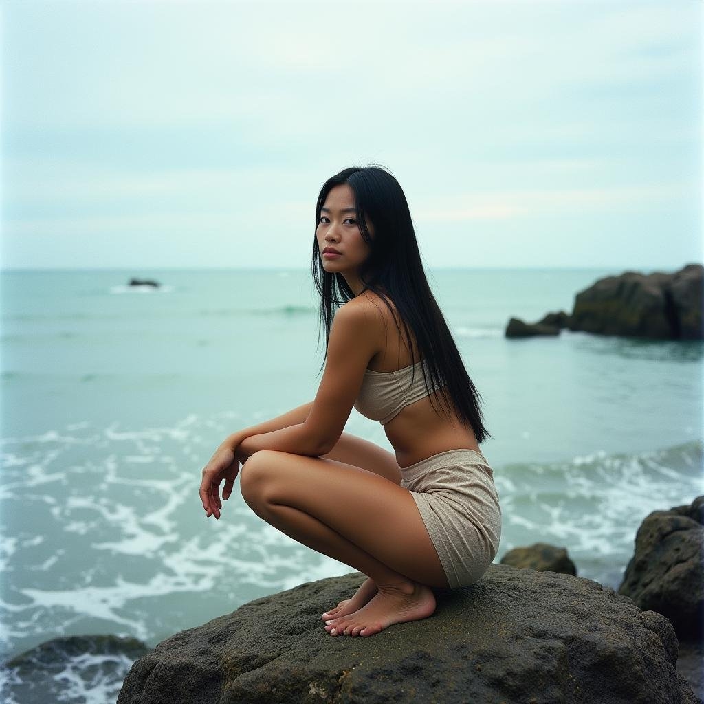 <lora:Kodak Motion Picture Film style v1:1>Film grain still image of a woman sitting on a rock by the ocean,1girl,solo,long hair,looking at viewer,black hair,outdoors,barefoot,day,water,ocean,squatting,scenery,rock,realistic , cinematic look, film look, filmic, contrast, detailed, high quality, sharp image, film color, Kodak Motion Picture Film style, different color, different people, different look, different style, 35MM Film, 16MM Film, Photographic film, music video style, artistic style, cinematic style, film granularity, film noise, image noise, artistic effect, Fujicolor, Fuji film, Analog photography, movie style, movie still, Film grain overlay, Film Grain style