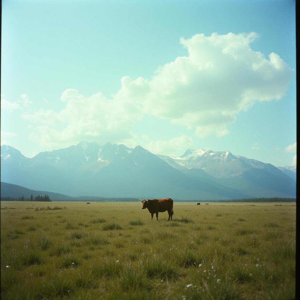 cinematic film still  <lora:Kodak Motion Picture Film style v1:1>Film grain still image of a view of a mountain range with a cow grazing,outdoors,sky,day,cloud,blue sky,no humans,grass,nature,scenery,mountain,field,landscape,mountainous horizon , cinematic look, film look, filmic, contrast, detailed, high quality, sharp image, film color, Kodak Motion Picture Film style, different color, different people, different look, different style, 35MM Film, 16MM Film, Photographic film, music video style, artistic style, cinematic style, film granularity, film noise, image noise, artistic effect, Fujicolor, Fuji film, Analog photography, movie style, movie still, Film grain overlay, Film Grain style . shallow depth of field, vignette, highly detailed, high budget, bokeh, cinemascope, moody, epic, gorgeous, film grain, grainy