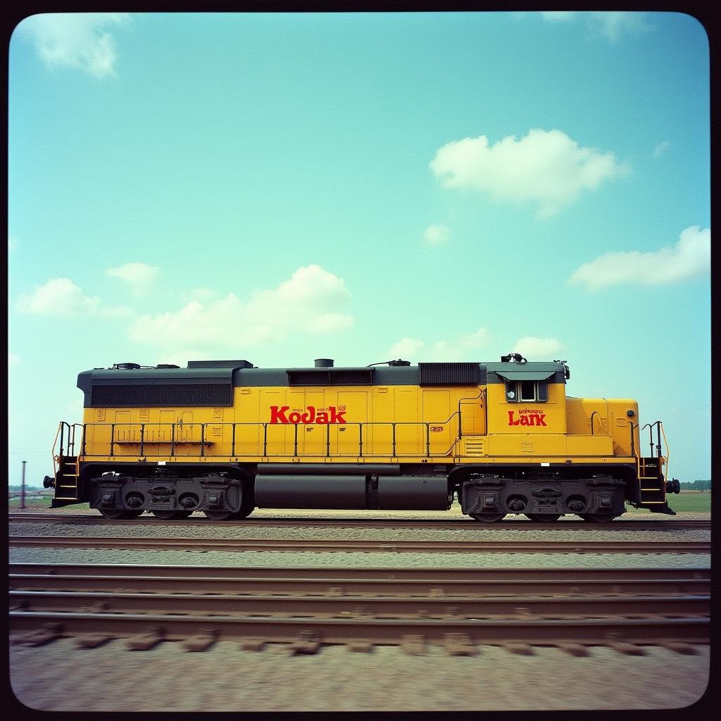 <lora:Kodak Motion Picture Film style v1:1>Film grain still image of a yellow train engine sitting on top of a track,outdoors,sky,day,english text,blue sky,no humans,ground vehicle,scenery,motor vehicle , cinematic look, film look, filmic, contrast, detailed, high quality, sharp image, film color, Kodak Motion Picture Film style, different color, different people, different look, different style, 35MM Film, 16MM Film, Photographic film, music video style, artistic style, cinematic style, film granularity, film noise, image noise, artistic effect, Fujicolor, Fuji film, Analog photography, movie style, movie still, Film grain overlay, Film Grain style