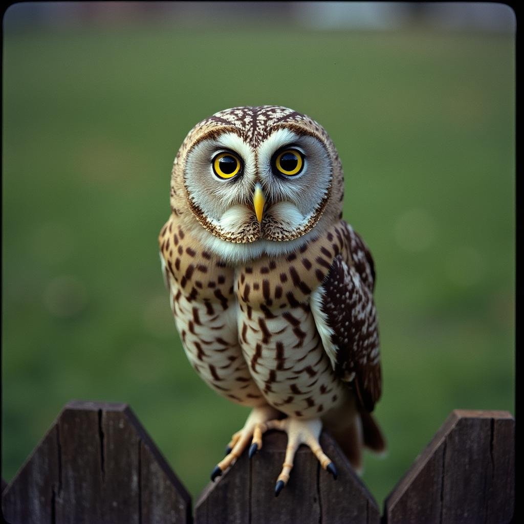 <lora:Kodak Motion Picture Film style v1:1>Film grain still image of a close up of a owl on a wooden fence,solo,looking at viewer,yellow eyes,blurry,no humans,depth of field,blurry background,bird,animal,realistic,animal focus,owl,beak , cinematic look, film look, filmic, contrast, detailed, high quality, sharp image, film color, Kodak Motion Picture Film style, different color, different people, different look, different style, 35MM Film, 16MM Film, Photographic film, music video style, artistic style, cinematic style, film granularity, film noise, image noise, artistic effect, Fujicolor, Fuji film, Analog photography, movie style, movie still, Film grain overlay, Film Grain style