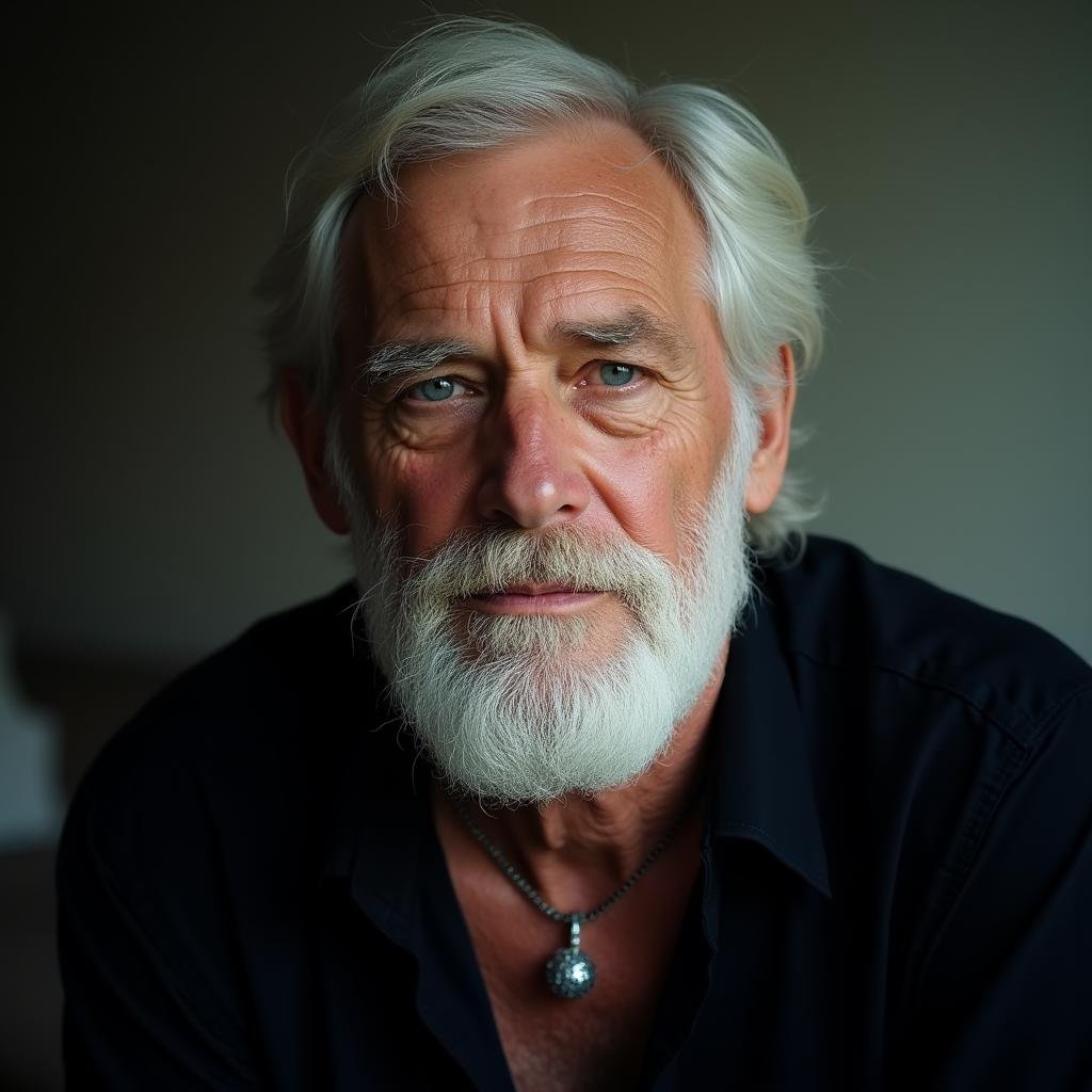 <lora:Kodak Motion Picture Film style v1:1>Film grain still image of a man with a white beard and a black shirt,solo,blue eyes,1boy,jewelry,white hair,male focus,necklace,facial hair,scar,portrait,beard,realistic,old,old man , cinematic look, film look, filmic, contrast, detailed, high quality, sharp image, film color, Kodak Motion Picture Film style, different color, different people, different look, different style, 35MM Film, 16MM Film, Photographic film, music video style, artistic style, cinematic style, film granularity, film noise, image noise, artistic effect, Fujicolor, Fuji film, Analog photography, movie style, movie still, Film grain overlay, Film Grain style