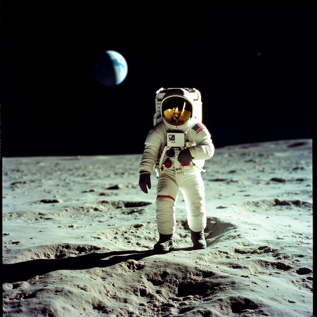 <lora:Kodak Motion Picture Film style v1:1>Film grain still image of an astronaut walking on the moon with a helmet on,solo,gloves,holding,standing,full body,shadow,moon,helmet,1other,space,planet,ambiguous gender,earth (planet),american flag,spacesuit,space helmet,astronaut , cinematic look, film look, filmic, contrast, detailed, high quality, sharp image, film color, Kodak Motion Picture Film style, different color, different people, different look, different style, 35MM Film, 16MM Film, Photographic film, music video style, artistic style, cinematic style, film granularity, film noise, image noise, artistic effect, Fujicolor, Fuji film, Analog photography, movie style, movie still, Film grain overlay, Film Grain style