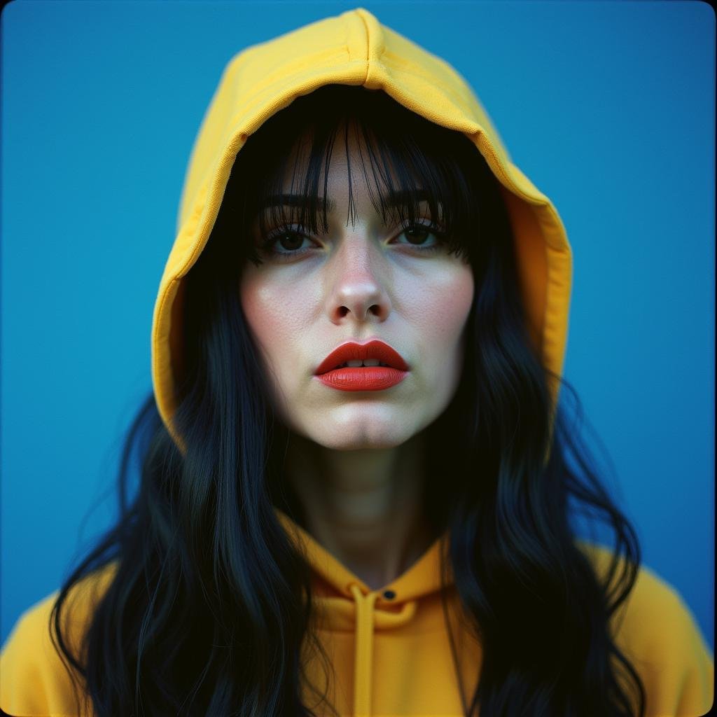 <lora:Kodak Motion Picture Film style v1:1>Film grain still image of a woman with a yellow hood on her head,1girl,solo,long hair,looking at viewer,black hair,hat,closed mouth,hood,lips,makeup,blue background,lipstick,portrait,hood up,realistic,red lips , cinematic look, film look, filmic, contrast, detailed, high quality, sharp image, film color, Kodak Motion Picture Film style, different color, different people, different look, different style, 35MM Film, 16MM Film, Photographic film, music video style, artistic style, cinematic style, film granularity, film noise, image noise, artistic effect, Fujicolor, Fuji film, Analog photography, movie style, movie still, Film grain overlay, Film Grain style