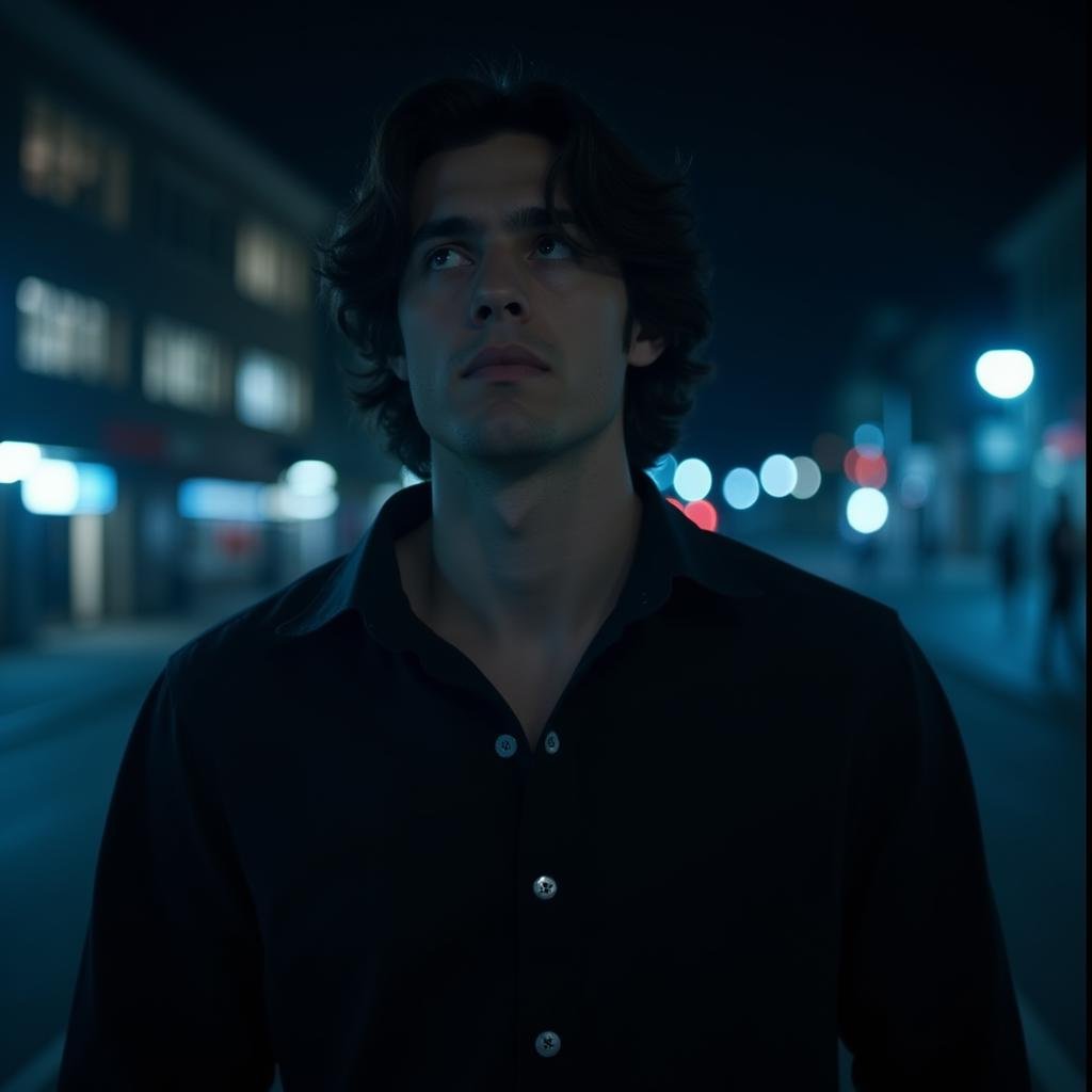 <lora:Kodak Motion Picture Film style v1:1>Film grain still image of a man in a black shirt looking at something,solo,looking at viewer,shirt,1boy,closed mouth,upper body,male focus,collared shirt,blurry,black shirt,night,blurry background,blue theme,realistic , cinematic look, film look, filmic, contrast, detailed, high quality, sharp image, film color, Kodak Motion Picture Film style, different color, different people, different look, different style, 35MM Film, 16MM Film, Photographic film, music video style, artistic style, cinematic style, film granularity, film noise, image noise, artistic effect, Fujicolor, Fuji film, Analog photography, movie style, movie still, Film grain overlay, Film Grain style