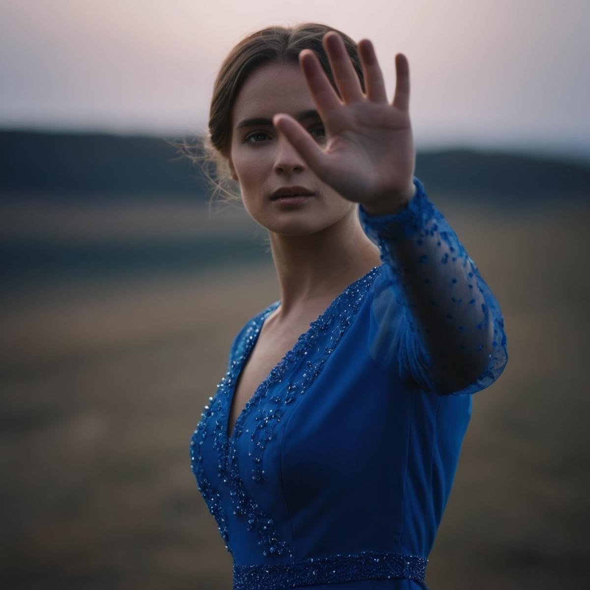 cinematic film still of  <lora:perfection style:0.1> <lora:detailed:0.3> <lora:Chiaroscuro Lighting Style:0.3> <lora:hand 4:0.3>A perfect detailed photo of a woman in a blue dress is holding her hand up, shallow depth of field, vignette, highly detailed, high budget, bokeh, cinemascope, moody, epic, gorgeous, film grain, grainy