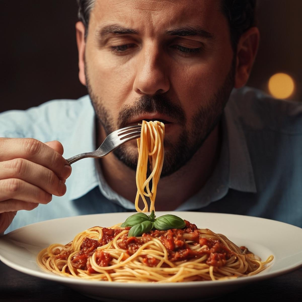 cinematic film still of  <lora:perfection style:0.1> <lora:detailed:0.3> <lora:Chiaroscuro Lighting Style:0.3> <lora:hand 4:0.3>A detailed and A perfect photo of a very hungry man eating spaghetti from a bowl with a fork next to a glass of wine, shallow depth of field, vignette, highly detailed, high budget, bokeh, cinemascope, moody, epic, gorgeous, film grain, grainy