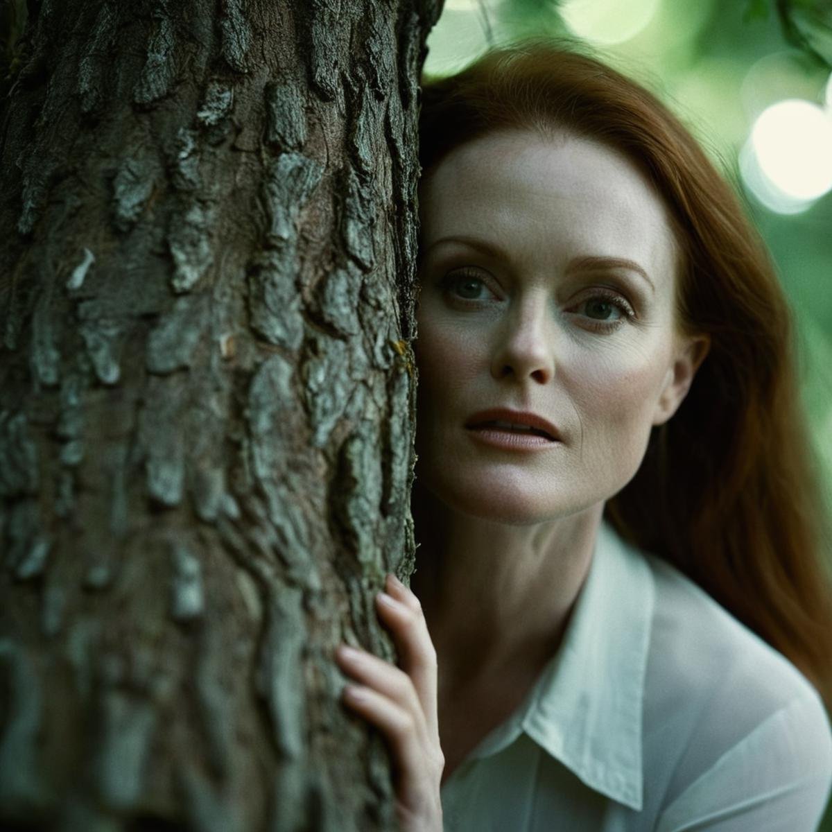 cinematic film still of  <lora:perfection style:0.1> <lora:detailed:0.3> <lora:Chiaroscuro Lighting Style:0.3> <lora:hand 4:0.3>A detailed and A perfect photo of young julianne moore a woman leaning against a tree trunk,hand focus, shallow depth of field, vignette, highly detailed, high budget, bokeh, cinemascope, moody, epic, gorgeous, film grain, grainy