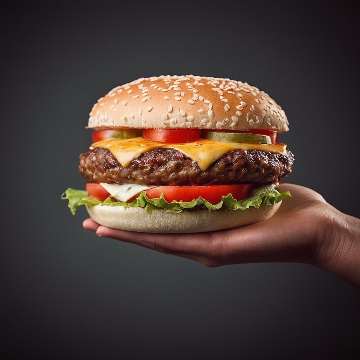 cinematic film still of  <lora:perfection style:0.1> <lora:detailed:0.3> <lora:Chiaroscuro Lighting Style:0.3> <lora:hand 4:0.3>A perfect detailed photo of a person holding a hamburger with cheese and tomato, shallow depth of field, vignette, highly detailed, high budget, bokeh, cinemascope, moody, epic, gorgeous, film grain, grainy