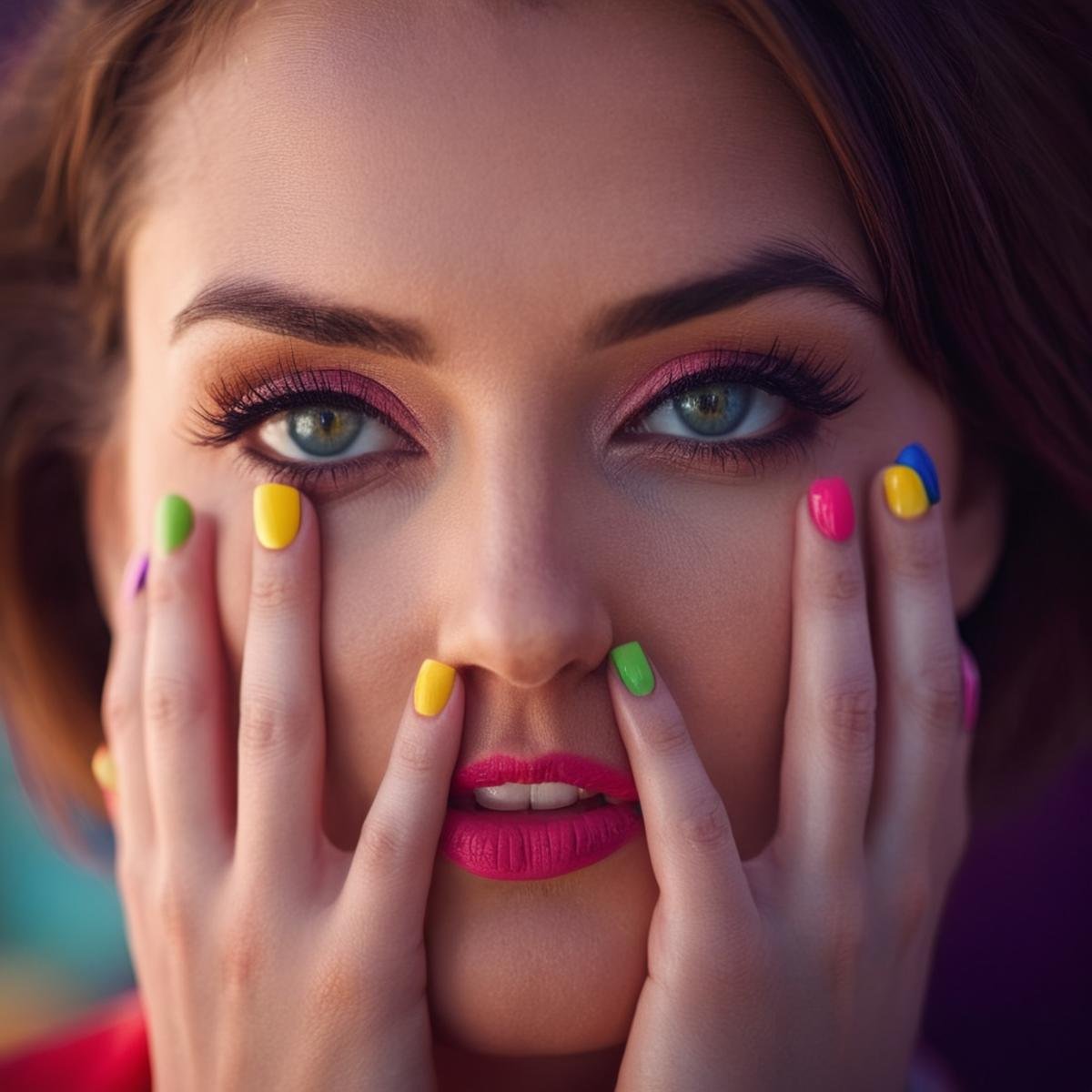 cinematic film still of  <lora:perfection style:0.1> <lora:detailed:0.3> <lora:Chiaroscuro Lighting Style:0.3> <lora:hand 4:0.3>A detailed and A perfect photo of a woman with colorful nails covering her eyes, shallow depth of field, vignette, highly detailed, high budget, bokeh, cinemascope, moody, epic, gorgeous, film grain, grainy